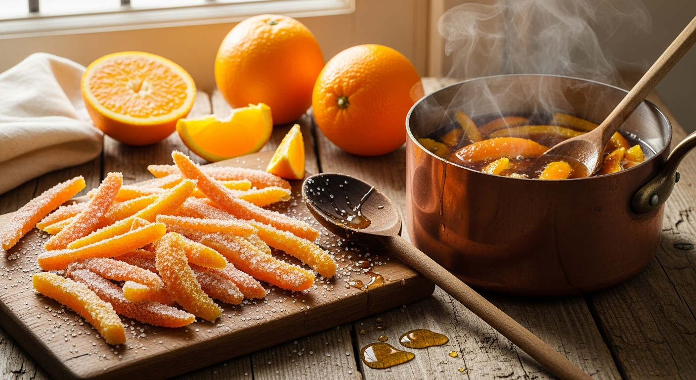 A close-up artistic photograph of vibrant orange citrus peels being transformed into candied delicacies, with glossy, translucent orange strips glistening with crystallized sugar coating arranged on a rustic wooden cutting board. Steam rises gently from a copper pot containing simmering orange peels in golden syrup, while fresh orange segments and whole oranges with their bright, textured skin are scattered nearby. Granulated sugar crystals catch the warm, natural light streaming through a kitchen window, creating a sparkling effect across the scene. A vintage wooden spoon rests beside the cooking pot, and drops of sticky orange syrup glisten on the work surface. The composition captures the artisanal process with rich, warm tones of amber, golden yellow, and deep orange hues, emphasizing the handcrafted nature of traditional candy making in a cozy, well-lit kitchen setting.