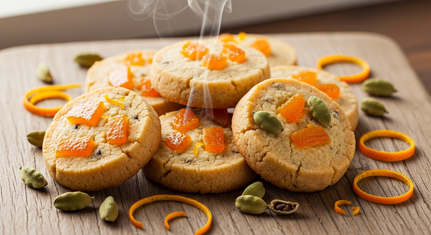 A close-up artistic photograph of delicate, golden-orange shortbread cookies arranged on a rustic wooden surface, each cookie featuring a crumbly, buttery texture with visible flecks of aromatic cardamom spice throughout the dough. The cookies are adorned with glistening pieces of candied orange peel that catch the warm, natural lighting, creating amber and citrus-colored highlights across their surfaces. Steam gently rises from the freshly baked treats, suggesting they are still warm from the oven, while scattered whole cardamom pods and strips of fresh orange zest are artfully placed around the cookies as natural garnishes. The background features soft, diffused lighting that creates a cozy, intimate atmosphere, with subtle shadows dancing across the textured wood grain, and the overall composition evokes the warmth and comfort of a artisanal bakery or home kitchen setting.