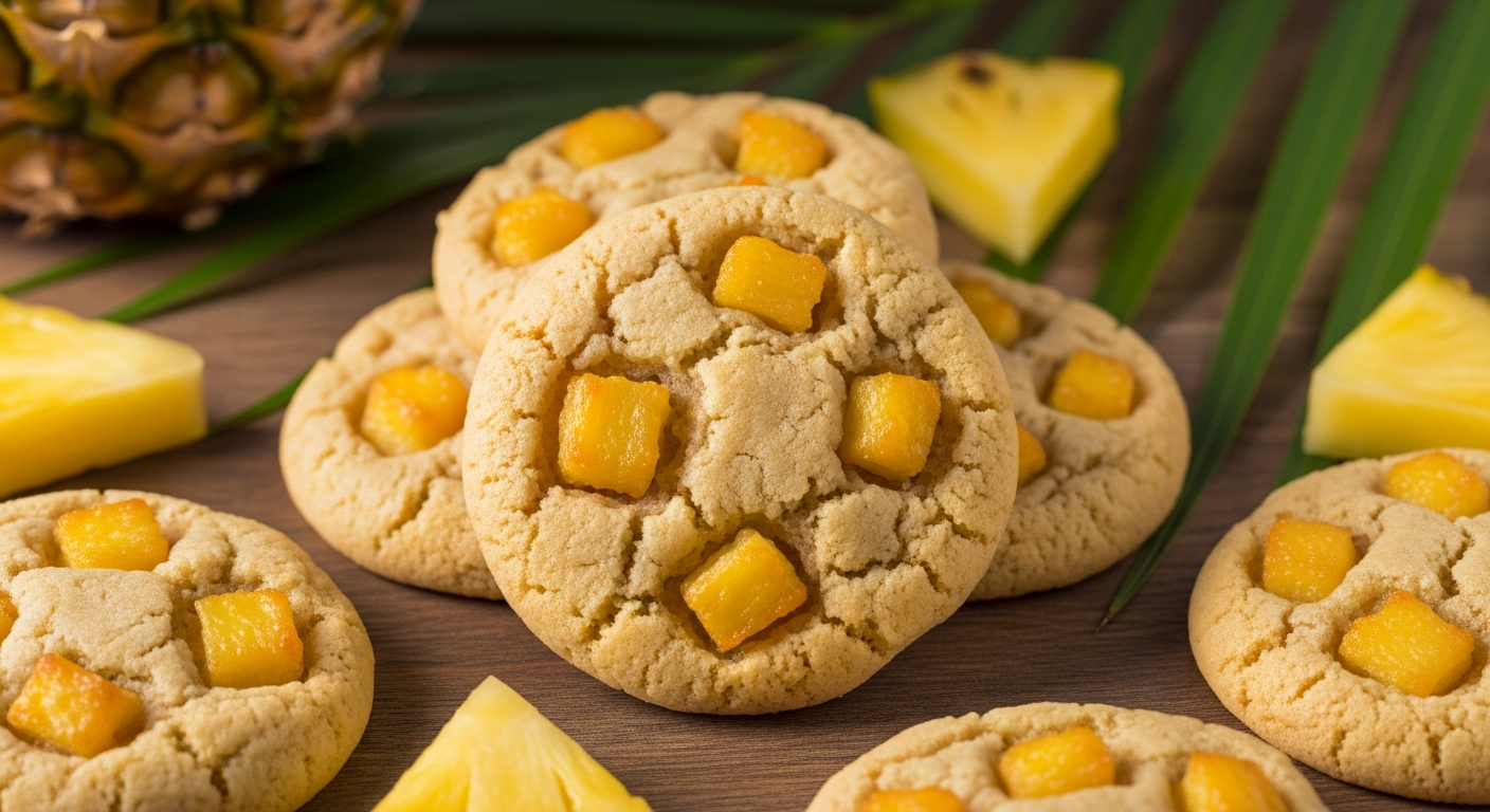 A close-up photograph of golden-brown tropical pineapple cookies arranged on a rustic wooden surface, with chunks of caramelized pineapple visible throughout the cookie dough creating a beautiful marbled texture. The cookies have a perfectly baked appearance with slightly crispy edges and soft centers, their surfaces glistening with natural fruit juices. Fresh pineapple wedges and tropical palm fronds are artfully scattered around the cookies as natural props, creating a vibrant Florida-inspired tropical setting. Warm, natural lighting filters through the scene, casting gentle shadows and highlighting the rich amber tones of the baked goods and the bright yellow of the fresh pineapple pieces. The composition captures the essence of Florida's tropical paradise with its abundant sunshine and exotic fruit flavors, while dewdrops on the palm leaves suggest the humid, lush environment of the subtropical climate.