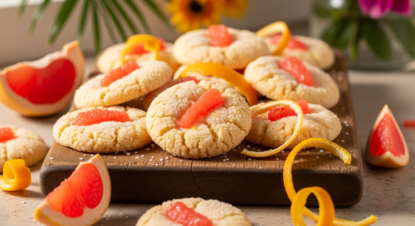 A close-up photograph of freshly baked grapefruit sugar cookies arranged on a rustic wooden cutting board, with their golden-brown edges and slightly cracked surfaces dusted with sparkling coarse sugar crystals. The cookies have a pale yellow-pink hue from grapefruit zest, with visible citrus oil specks throughout the tender, soft-looking texture. Scattered around the cookies are fresh grapefruit segments with their translucent pink flesh glistening, along with curls of bright orange and pink grapefruit peel artfully placed as natural garnish. Warm, natural sunlight streams through a nearby window, casting soft shadows and highlighting the crystalline sugar coating that catches the light like tiny diamonds. The scene is set on a vintage kitchen counter with hints of Florida-inspired elements like palm fronds or tropical flowers softly blurred in the background, creating a bright, cheerful atmosphere that evokes the sunny, citrus-growing regions of Florida.