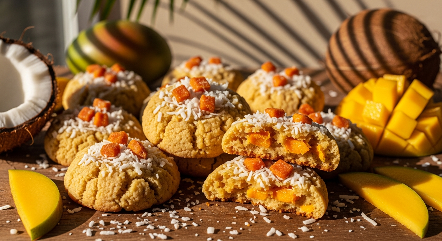 A close-up photograph of golden-brown mango coconut cookies arranged on a rustic wooden surface, with their crumbly, textured surfaces glistening slightly under warm natural lighting. The cookies feature visible chunks of dried mango pieces and shredded coconut flakes scattered throughout their surface, creating an appetizing mosaic of orange and white against the golden cookie base. In the background, fresh mango slices and whole coconuts are artfully scattered, with palm fronds casting dappled shadows across the scene, evoking the tropical Florida atmosphere. The composition includes a few cookies broken in half to reveal their soft, chewy interior studded with colorful mango bits, while coconut shavings dust the wooden surface around them. Soft, warm sunlight streams through what appears to be a kitchen window, creating a cozy, homemade baking ambiance with gentle shadows and highlights that emphasize the cookies' inviting texture and tropical ingredients.