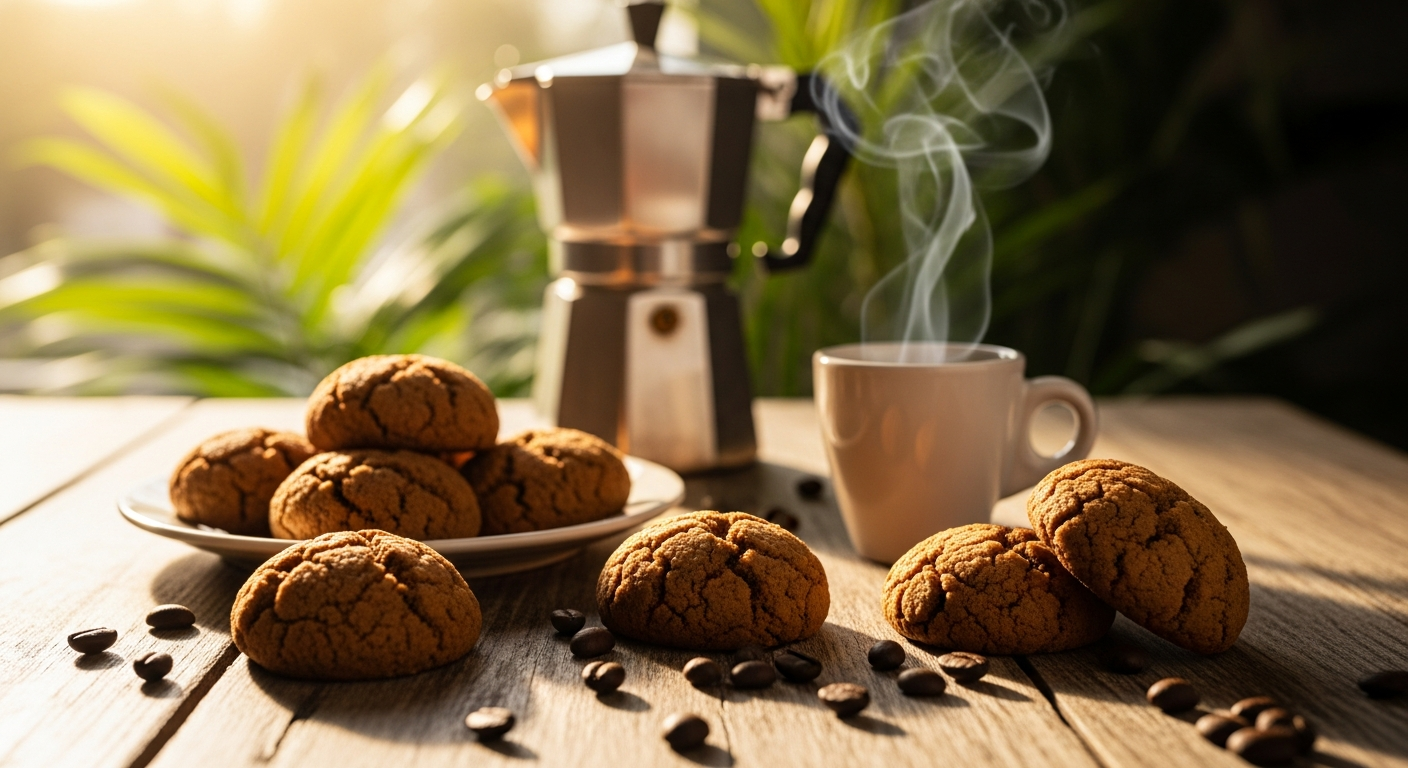 A close-up artistic photograph of traditional Cuban coffee cookies arranged on a rustic wooden table in a sunny Florida kitchen, with golden-brown round cookies featuring a crumbly, textured surface and rich coffee-colored appearance. Steam gently rises from a small ceramic espresso cup positioned beside the cookies, while warm sunlight streams through nearby windows, casting soft shadows and highlighting the cookies' appetizing texture. The scene includes scattered coffee beans around the cookies, a vintage Cuban-style coffee pot in the background, and tropical plants visible through the window, creating an authentic Cuban-American culinary atmosphere. The lighting emphasizes the cookies' rustic, homemade quality with warm amber and golden tones throughout the composition, evoking the cozy feeling of a traditional Florida Cuban bakery or home kitchen.
