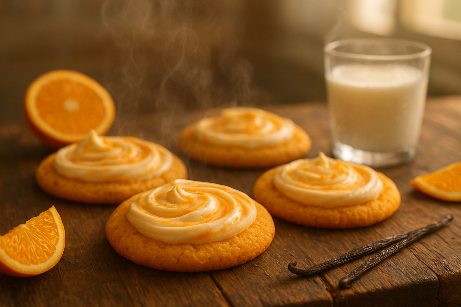 A close-up photograph of freshly baked orange creamsicle cookies arranged on a rustic wooden surface, each cookie displaying a beautiful golden-orange hue with swirled patterns of creamy white frosting that mimics the classic popsicle design. The cookies have a soft, pillowy texture with slightly crispy edges, and their surfaces are adorned with delicate orange zest specks that catch the warm, natural lighting. Steam gently rises from the warm cookies, creating a dreamy atmosphere, while drops of condensation from a glass of cold milk sit nearby on the weathered wood table. The background features soft, diffused sunlight streaming through a kitchen window, casting gentle shadows and highlighting the vibrant citrus colors of the treats. A few fresh orange slices and vanilla bean pods are artfully scattered around the scene, emphasizing the natural ingredients and creating a cozy, homestyle baking atmosphere reminiscent of a sunny Florida kitchen.