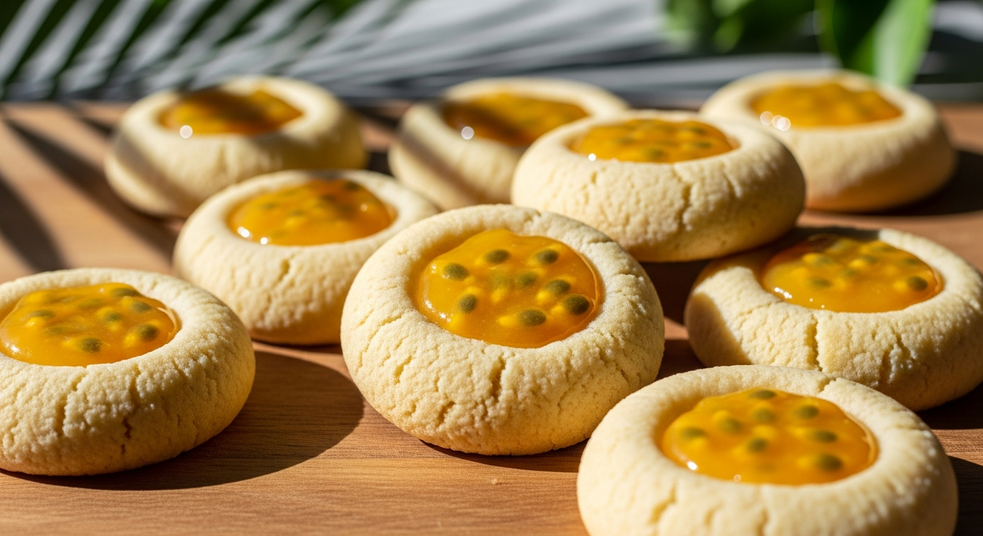 A close-up artistic photograph of golden-brown thumbprint cookies arranged on a rustic wooden surface, each cookie featuring a perfectly formed indentation filled with vibrant orange-yellow passion fruit curd that glistens under warm, natural lighting. The cookies have a delicate, crumbly texture with slightly golden edges, and the passion fruit filling creates beautiful contrast with its glossy, jewel-like appearance and tiny black seeds visible within the translucent curd. Soft shadows fall across the scene, suggesting late afternoon Florida sunshine streaming through a kitchen window, with hints of tropical elements like palm fronds or citrus leaves softly blurred in the background. The composition captures the homemade, artisanal quality of the baked goods with shallow depth of field, emphasizing the rich textures and colors that evoke the sunny, tropical essence of Florida's culinary traditions.