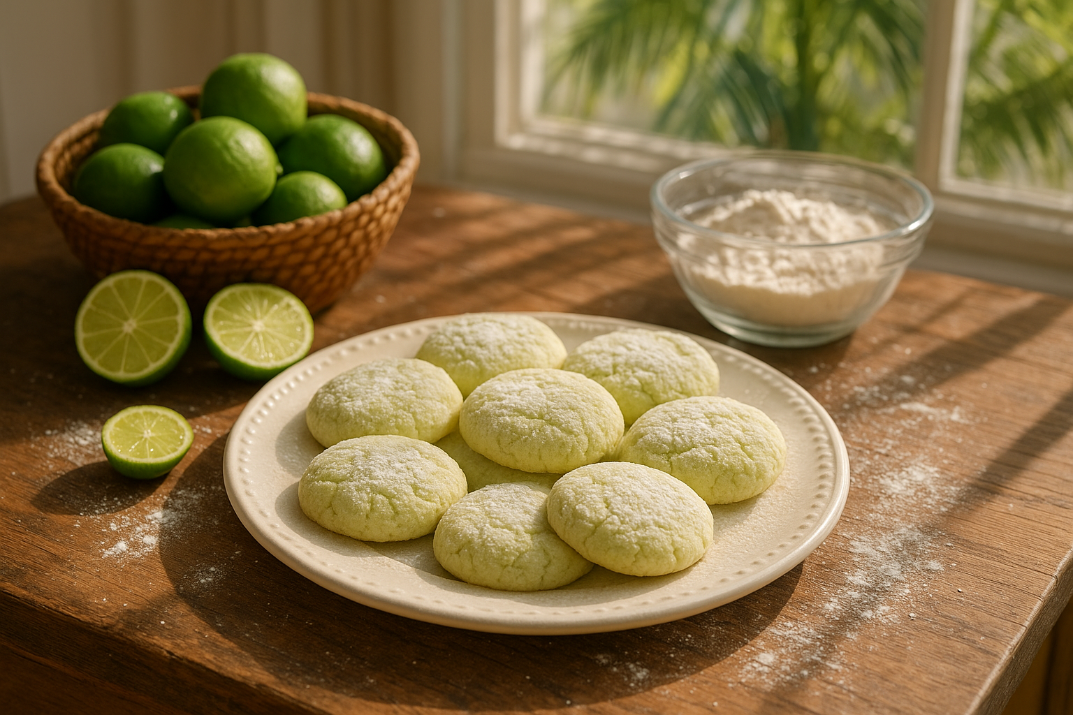 A rustic wooden kitchen counter in a bright Florida home displays an array of freshly baked key lime cookies with their distinctive pale green hue and delicate crumbly texture. The round, slightly flattened cookies are arranged on a vintage white ceramic plate, their surfaces dusted with powdered sugar that catches the warm afternoon sunlight streaming through nearby windows. In the background, fresh key limes sit in a woven basket, their vibrant green skin glistening, while some are cut in half revealing their juicy, aromatic flesh. The scene captures the essence of Florida's tropical charm with palm fronds visible through the window, creating dappled shadows across the counter. The cookies appear tender and inviting, with their characteristic light green color from the key lime juice, surrounded by baking ingredients like flour dusting the marble surface and a vintage glass mixing bowl. The overall atmosphere is warm, homey, and quintessentially Floridian, with natural lighting highlighting the textures and colors of this classic regional treat.