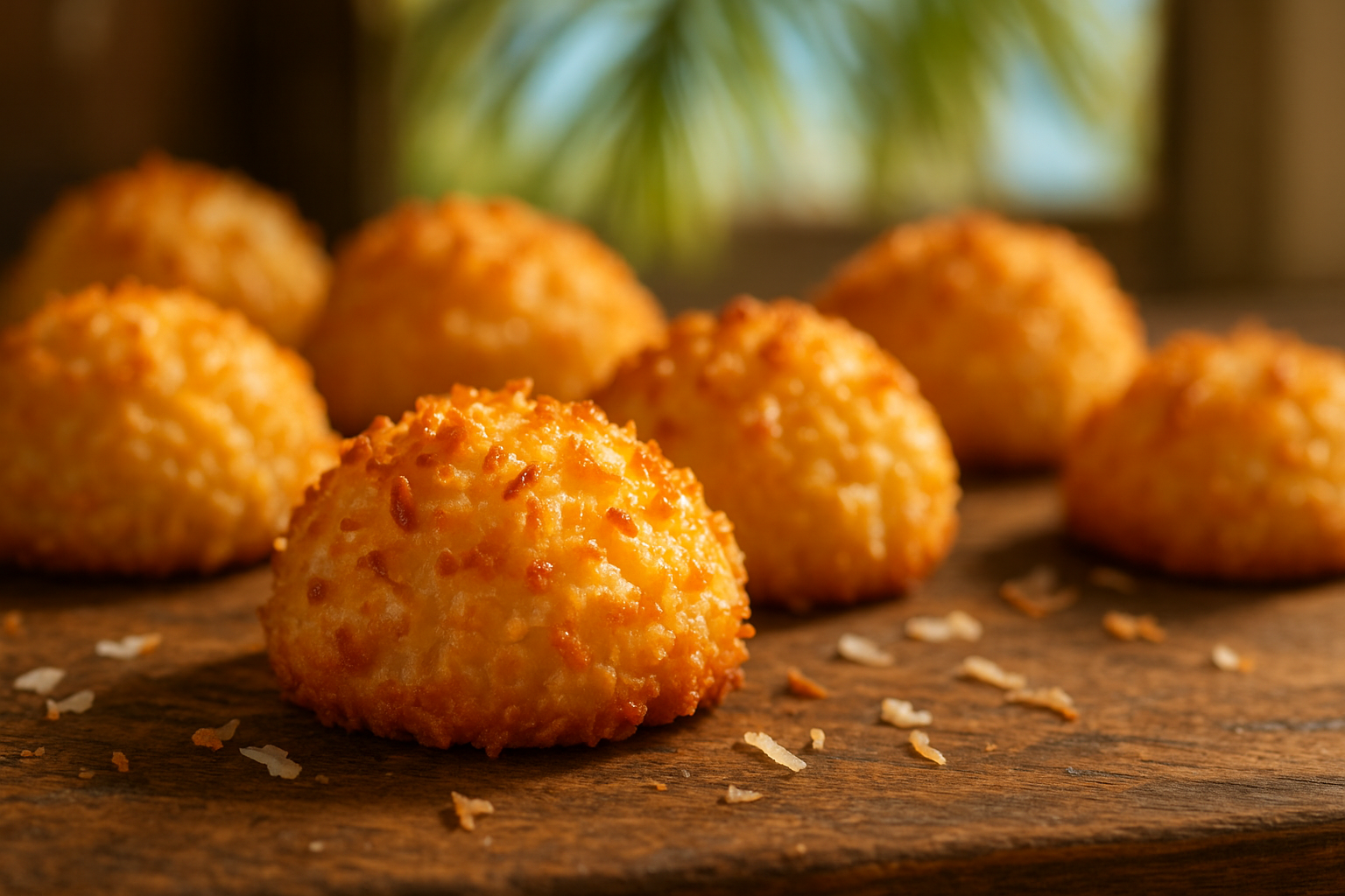 A close-up photograph of freshly baked coconut macaroons arranged on a rustic wooden surface, their golden-brown exterior glistening with toasted coconut flakes that catch warm, natural sunlight streaming through a nearby window. The delicate cookies display a perfectly textured surface with crispy, caramelized coconut shreds creating beautiful patterns and shadows across each dome-shaped treat. In the background, soft-focus tropical elements suggest a Florida setting - perhaps palm fronds gently swaying in the breeze and hints of azure blue sky visible through an open kitchen window. The lighting is warm and inviting, creating a golden hour ambiance that enhances the rich, amber tones of the toasted coconut and casts gentle shadows that give depth and dimension to each macaroon. Small coconut flakes are scattered artistically around the cookies on the weathered wood surface, and the shallow depth of field draws attention to the intricate texture and appetizing appearance of these homemade Florida-style coconut delights.