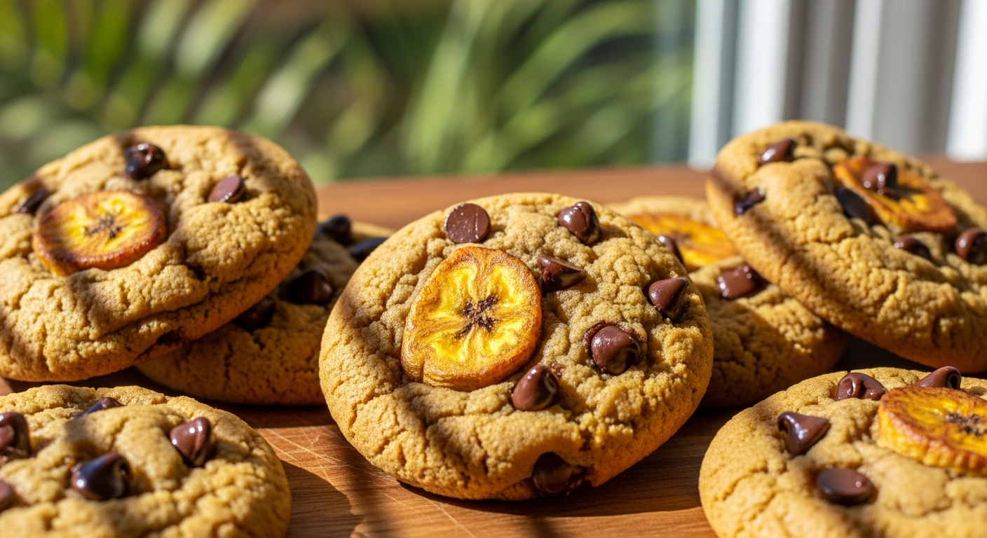 A close-up photograph of golden-brown plantain chocolate chip cookies arranged on a rustic wooden surface, with the warm Florida sunlight streaming through a nearby window creating soft shadows and highlights across the baked goods. The cookies have a slightly caramelized appearance with visible dark chocolate chips scattered throughout their textured surface, and small pieces of ripe plantain creating natural sweetness pockets within the dough. In the background, tropical Florida elements are softly blurred - perhaps palm fronds visible through the window and the bright, saturated light characteristic of the Sunshine State. The cookies appear freshly baked with slightly crispy edges and a tender center, their unique plantain-infused texture giving them an organic, homemade appearance that reflects Florida's tropical agricultural abundance. The composition captures the warmth and comfort of Southern baking traditions merged with tropical ingredients, with natural lighting that emphasizes the golden hues and rich textures of these distinctive cookies.