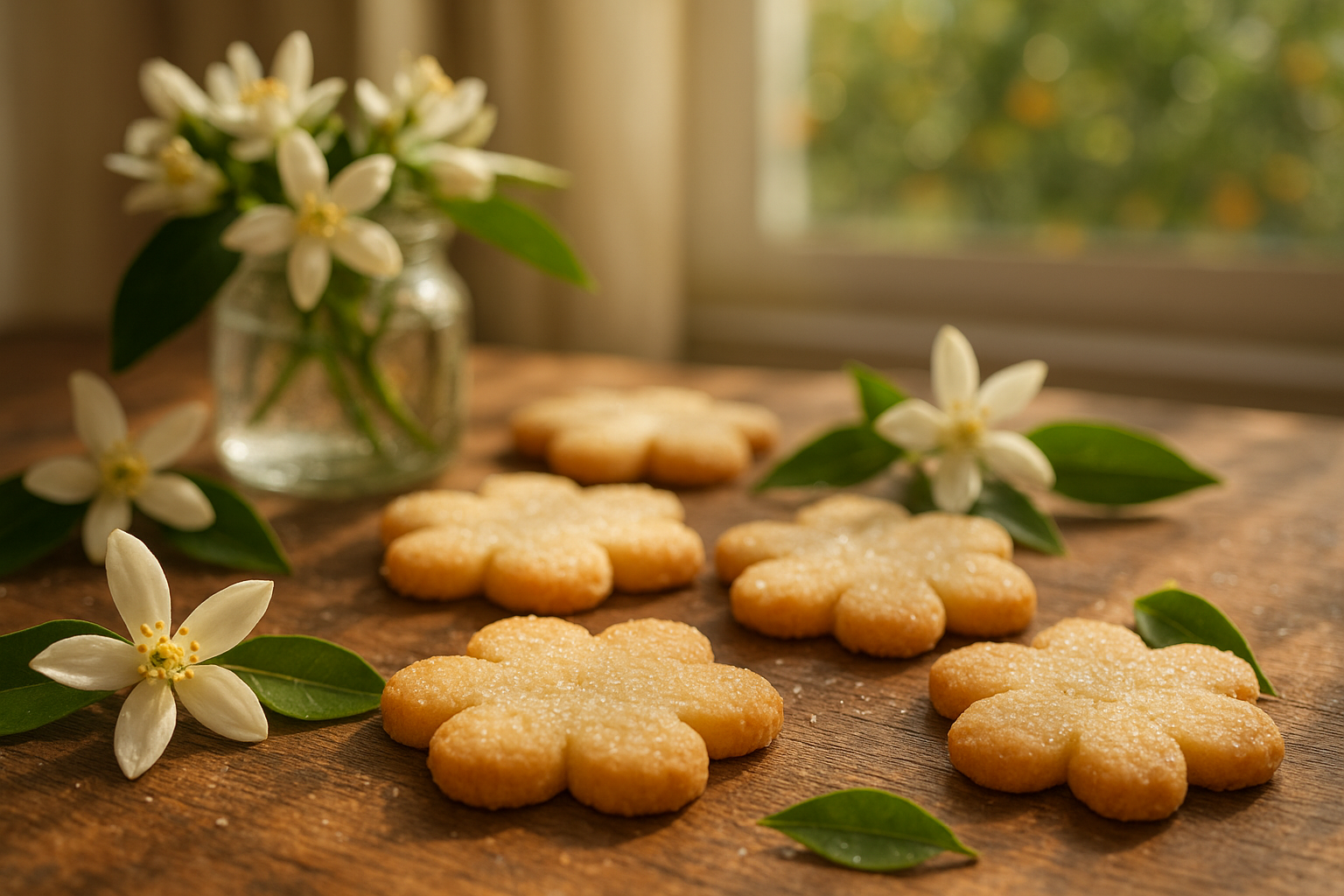 A close-up photograph of delicate, golden-brown sugar cookies arranged on a rustic wooden surface, each cookie delicately shaped and dusted with fine granulated sugar that catches the warm, natural lighting. Fresh orange blossoms with their pristine white petals and bright green leaves are artfully scattered around the cookies, creating an elegant contrast against the warm tones of the baked goods. The scene is bathed in soft, Florida sunshine streaming through a window, casting gentle shadows and highlighting the textured surface of the cookies and the delicate veining in the orange blossom petals. In the background, slightly out of focus, sits a vintage glass jar filled with more orange blossoms, and perhaps a glimpse of citrus trees visible through a sun-drenched window, evoking the essence of a Florida kitchen during orange blossom season. The composition captures the warmth and sweetness of homemade baking combined with the fresh, floral beauty of Florida's citrus groves in bloom.