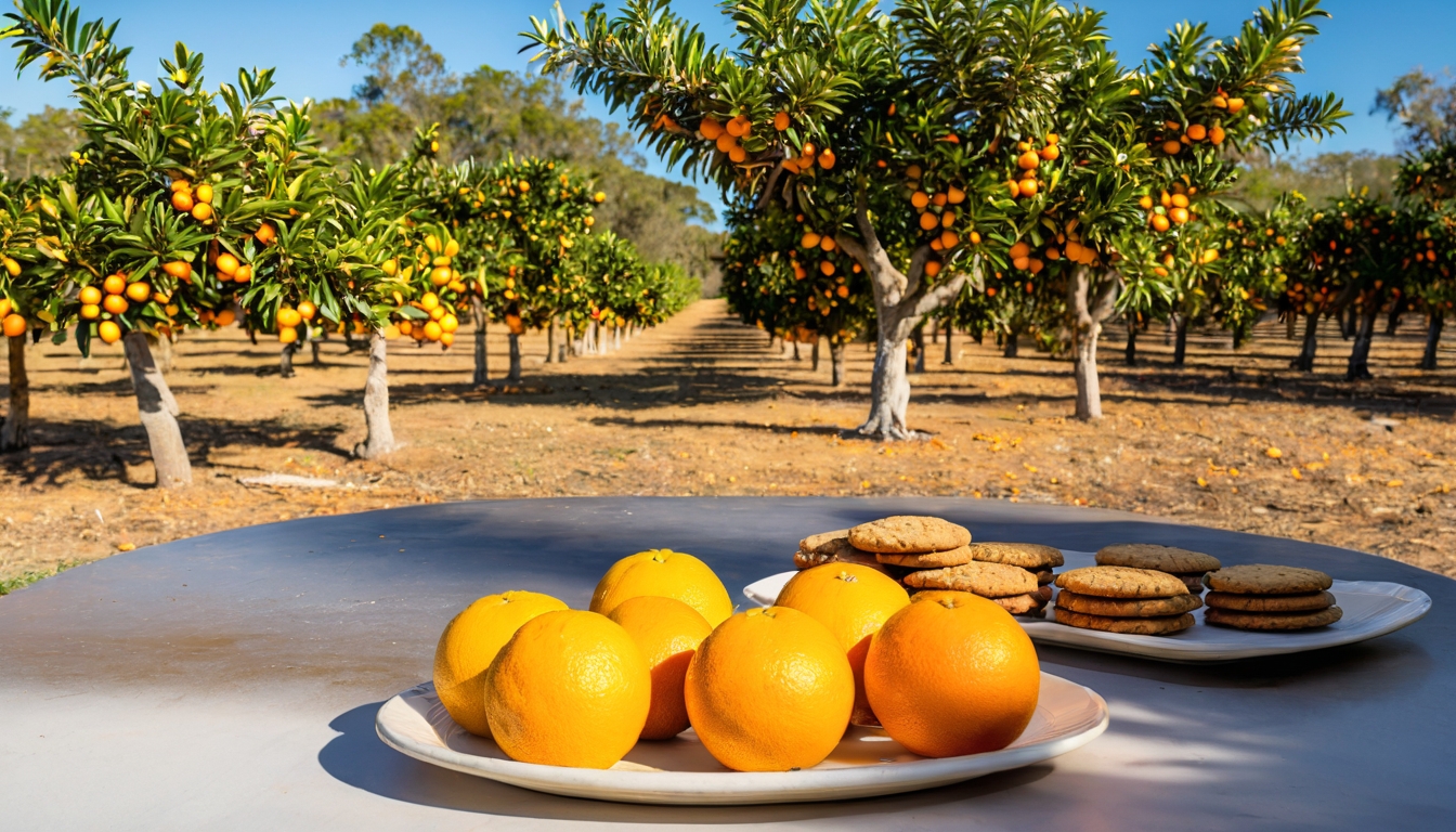 A warm, sunlit Florida citrus grove stretching across rolling hills under a bright blue sky, with rows of mature orange trees heavy with ripe, vibrant orange fruits hanging from lush green branches. In the foreground, a rustic wooden kitchen counter displays freshly picked oranges alongside golden-brown, crumbly cookies with visible citrus zest flecks, steam gently rising from the warm baked goods. Soft morning light filters through nearby windows, casting gentle shadows and highlighting the textured surfaces of both the cookies and the glossy citrus peels. A pair of weathered hands carefully arranges the cookies on a vintage ceramic plate, with orange blossoms and leaves scattered artistically around the scene, creating an inviting atmosphere that captures the essence of Florida's abundant citrus harvest being transformed into homemade treats.