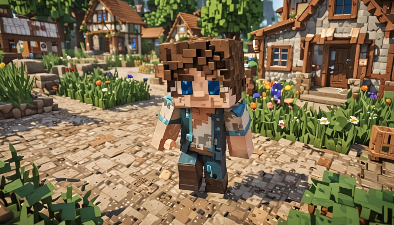 A Minecraft-style blocky, pixelated character named Breck standing in a cozy village setting, with messy brown blocky hair that has dirt particles scattered throughout, bright green square eyes wide with surprise, wearing a patched blue shirt with visible dust and dirt textures covering the fabric. The character has a distinctly clumsy appearance with blocks and building materials scattered around their feet, showing evidence of construction accidents. Behind Breck, a charming Minecraft village with perfectly built houses made of various colored blocks - cobblestone, wood planks, and brick - contrasts sharply with a partially collapsed or crooked structure nearby that Breck has clearly been working on. Other Minecraft villager characters in the background are shown successfully building neat, symmetrical structures with perfectly aligned blocks, while Breck's area shows broken blocks, misplaced stone and wood pieces, and tools like pickaxes and shovels lying scattered on the ground. The lighting is warm and inviting, typical of a peaceful Minecraft village during daytime, with soft shadows cast by the blocky buildings and a clear blue pixelated sky overhead.