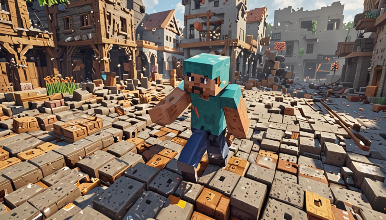 A Minecraft village scene showing a young blocky pixelated character with a frustrated expression standing amid construction chaos, surrounded by partially destroyed blocky buildings with missing walls and gaping holes in roofs made of wooden planks and cobblestone. The character's blocky hands are positioned awkwardly near scattered broken block items floating on the ground - dirt blocks, stone blocks, and wood planks with the distinctive Minecraft item glow. In the background, other small blocky villager characters with amused expressions peek out from behind intact houses, some pointing and covering their mouths as if giggling. The main character wears a filled backpack rendered in Minecraft's blocky style, bulging with various colorful block items visible through the opening. The scene is set in bright daylight with Minecraft's characteristic lighting, showing a village path made of dirt and grass blocks, with some buildings showing obvious signs of accidental destruction - jagged holes, missing block sections, and debris. The overall atmosphere captures comedic mishap and embarrassment through the blocky character's slumped shoulders and the contrast between their good intentions and the chaotic results of their building attempts.