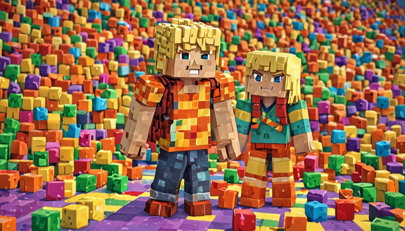 A Minecraft-style blocky scene featuring two pixelated player characters standing together in a bright, cheerful environment. The first character represents Ollie with distinctive bouncy blonde hair rendered in bright yellow cubic blocks, wearing a vibrant rainbow-colored backpack made of multicolored wool blocks in red, orange, yellow, green, blue, and purple stripes. Scattered around Ollie are numerous organized piles of various Minecraft blocks including dirt, stone, wood, and colorful wool blocks arranged in neat cubic stacks. The second character represents Breck, standing nearby with a slightly apologetic posture next to a recently disturbed pile of blocks that appears to have been accidentally knocked over, with individual blocks scattered on the pixelated grass ground. The scene is bathed in warm, golden Minecraft sunlight with the characteristic blocky shadows, and Ollie's character model displays a cheerful expression while gesturing toward the scattered blocks with an encouraging, friendly demeanor. The background shows a typical Minecraft landscape with cubic trees, rolling hills made of grass blocks, and the distinctive pixelated sky, creating an atmosphere of friendship, resilience, and the joy of building and rebuilding in the blocky Minecraft world.
