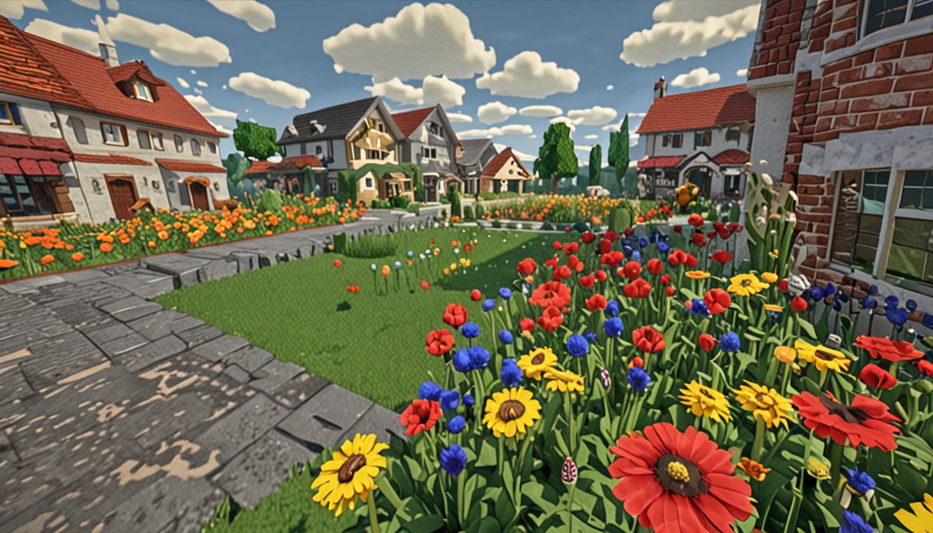 A Minecraft-style suburban neighborhood scene rendered in blocky, pixelated graphics showing a mysterious phenomenon in progress. In the foreground, a neat flower garden with colorful pixelated flowers (red poppies, yellow dandelions, blue cornflowers) sits where decorative cobblestone and stone brick border blocks are mysteriously vanishing into thin air, leaving empty grass block spaces with a faint particle effect trail. The garden belongs to a quaint Minecraft-style house with oak wood planks, glass pane windows, and a red wool roof. Through one of the windows, a blocky Minecraft character with brown hair can be seen looking out in shock and confusion. In the background, the whooshing disturbance is moving toward a charming Minecraft bakery built with brick blocks, oak wood accents, and a large wooden sign, with wheat and bread items visible through its windows. The entire scene has a bright morning lighting with soft shadows, and mysterious swirling particle effects around the areas where stone blocks are disappearing, creating an atmosphere of supernatural mystery in this peaceful Minecraft village setting.