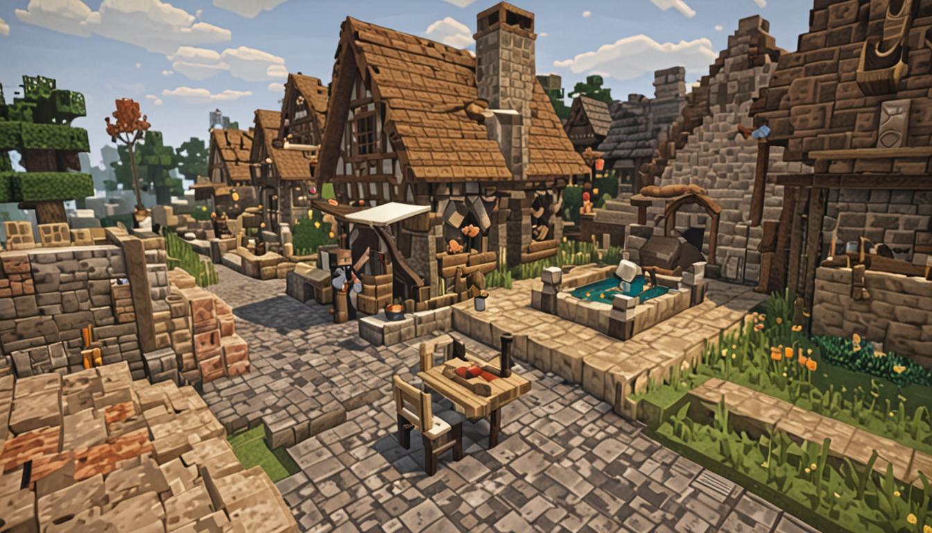 A Minecraft village scene showing a blocky, pixelated baker's shop with half of its cobblestone and wooden plank walls mysteriously missing, creating large square gaps where blocks should be. The baker, a blocky villager character with brown robes and a white apron, stands helplessly next to his brick furnace oven, which is exposed to the cold morning air streaming through the missing wall sections. In the foreground, a Minecraft player character named Ollie with bright rainbow-colored backpacks strapped to his blocky shoulders bounces as he investigates the scene, his pixelated form animated with concern. The village setting features other partially damaged buildings with missing blocks scattered throughout, creating an atmosphere of mystery and theft. Cold morning light filters through the gaps in the damaged structures, casting blocky shadows across the cobblestone pathways, while wheat items and bread loaves sit unused near the compromised bakery. The entire scene maintains the classic Minecraft aesthetic with sharp, cubic edges and pixelated textures throughout all buildings, characters, and environmental elements.