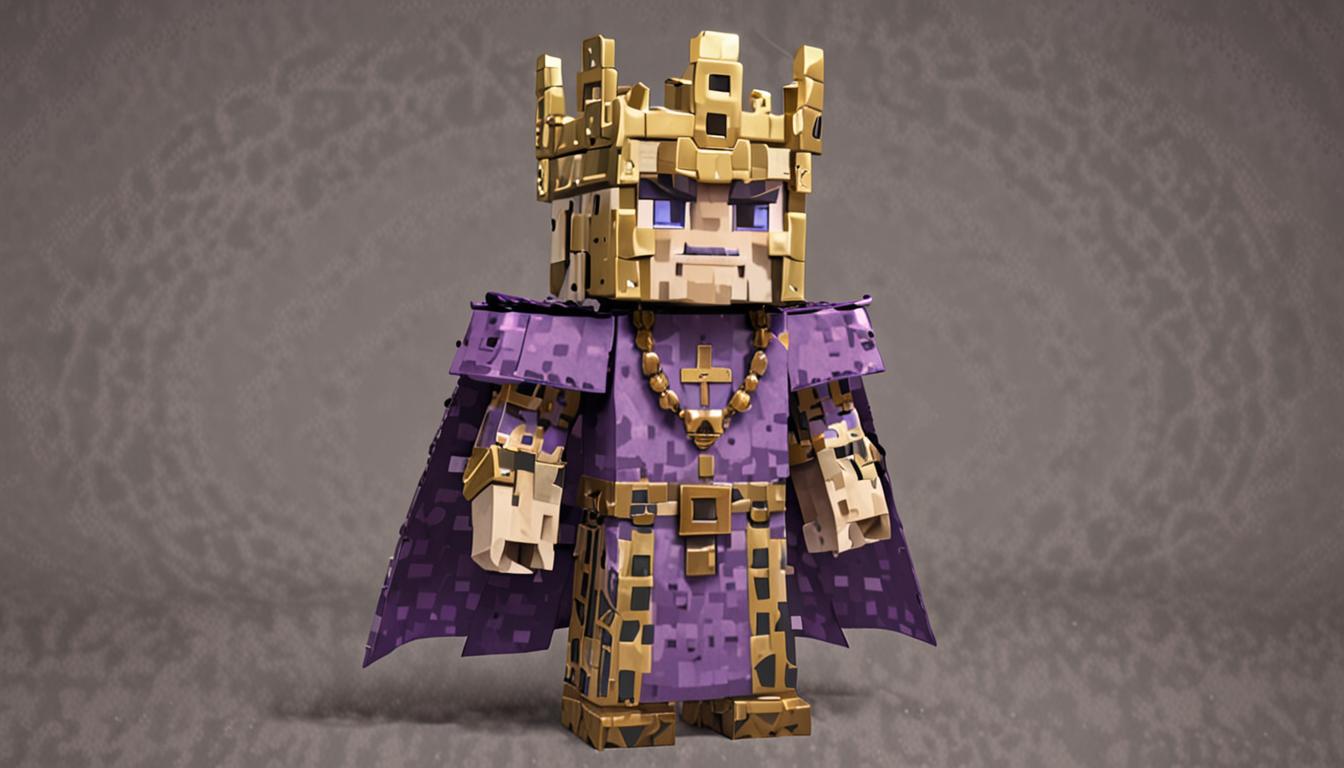 A menacing Minecraft-style villain character with blocky, pixelated features stands prominently in the center, wearing a flowing purple cape made of blocky fabric textures and a crooked golden crown with cubic geometric patterns that sits askew on his square head. His tall, angular body has a greedy expression with sharp, blocky facial features rendered in classic Minecraft pixel art style. In his blocky hands, he grips a magnificent golden pickaxe that radiates swirling purple enchantment particles and glowing magical energy effects typical of Minecraft's enchanted tools. Behind the villain, a menacing army of tamed wolves with their characteristic Minecraft wolf design and imposing iron golems with their distinctive blocky metal bodies march in formation. Each companion carries large, bulging sacks made of brown canvas-like blocks, overflowing with various stolen Minecraft blocks including cobblestone, dirt, wood planks, and ores that spill slightly from the openings. The entire scene is rendered in Minecraft's signature blocky, pixelated art style with sharp geometric edges, cubic forms, and the game's characteristic lighting and shadow effects, creating an atmosphere of villainous authority and magical menace.