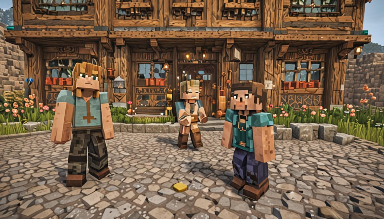 A Minecraft village scene showing two blocky, pixelated player characters facing each other with worried expressions, their cubic heads turned toward each other in concern. Behind them stands a large, detailed community center building constructed from various Minecraft blocks like cobblestone, oak wood planks, and glass panes, featuring a prominent entrance with double wooden doors and glowstone lighting fixtures. The building has a rustic village aesthetic with a slanted roof made of dark oak stairs and stone brick accents. In the background, several smaller village houses with blocky architecture are visible, creating a cozy settlement atmosphere. One character has their cubic hands clenched into fists at their sides, while both figures cast pixelated shadows on the grass block ground. The scene is lit with warm, golden Minecraft-style lighting suggesting late afternoon, with soft shadows falling across the village square. Scattered around the area are typical Minecraft village elements like hay bales, flower pots with pixelated flowers, and cobblestone pathways connecting the buildings. The overall mood conveys determination and concern, with the community center as the focal point of this blocky, cubic Minecraft world.