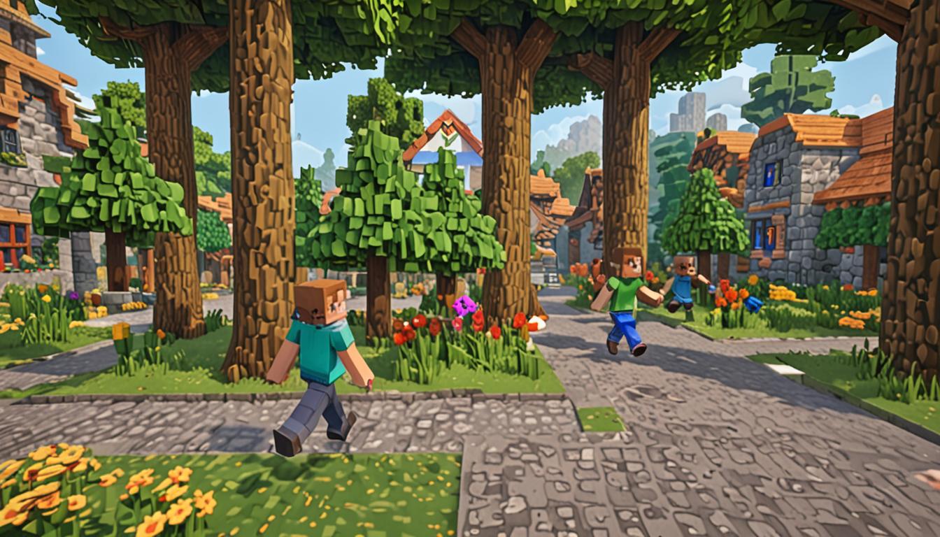 A Minecraft village scene with blocky, pixelated characters creeping stealthily through cobblestone pathways, hiding behind large oak trees with square brown trunks and green cubic leaves, and rectangular stone brick houses with wooden doors and glass pane windows. In the foreground, a Minecraft player character wearing a vibrant rainbow-colored backpack made of multicolored wool blocks grins with a pixelated smile, while another blocky character with mining tools stands nearby. In the distance, a villainous baron character in dark robes leads a group of blocky humanoid figures carrying stolen stone blocks, dirt blocks, and wooden planks in their square hands. The village atmosphere is tense with dramatic lighting casting long blocky shadows between the buildings, while the stolen blocks glint in the sunlight, creating a scene of pursuit and mystery in the classic Minecraft cubic art style with sharp edges and pixelated textures throughout.