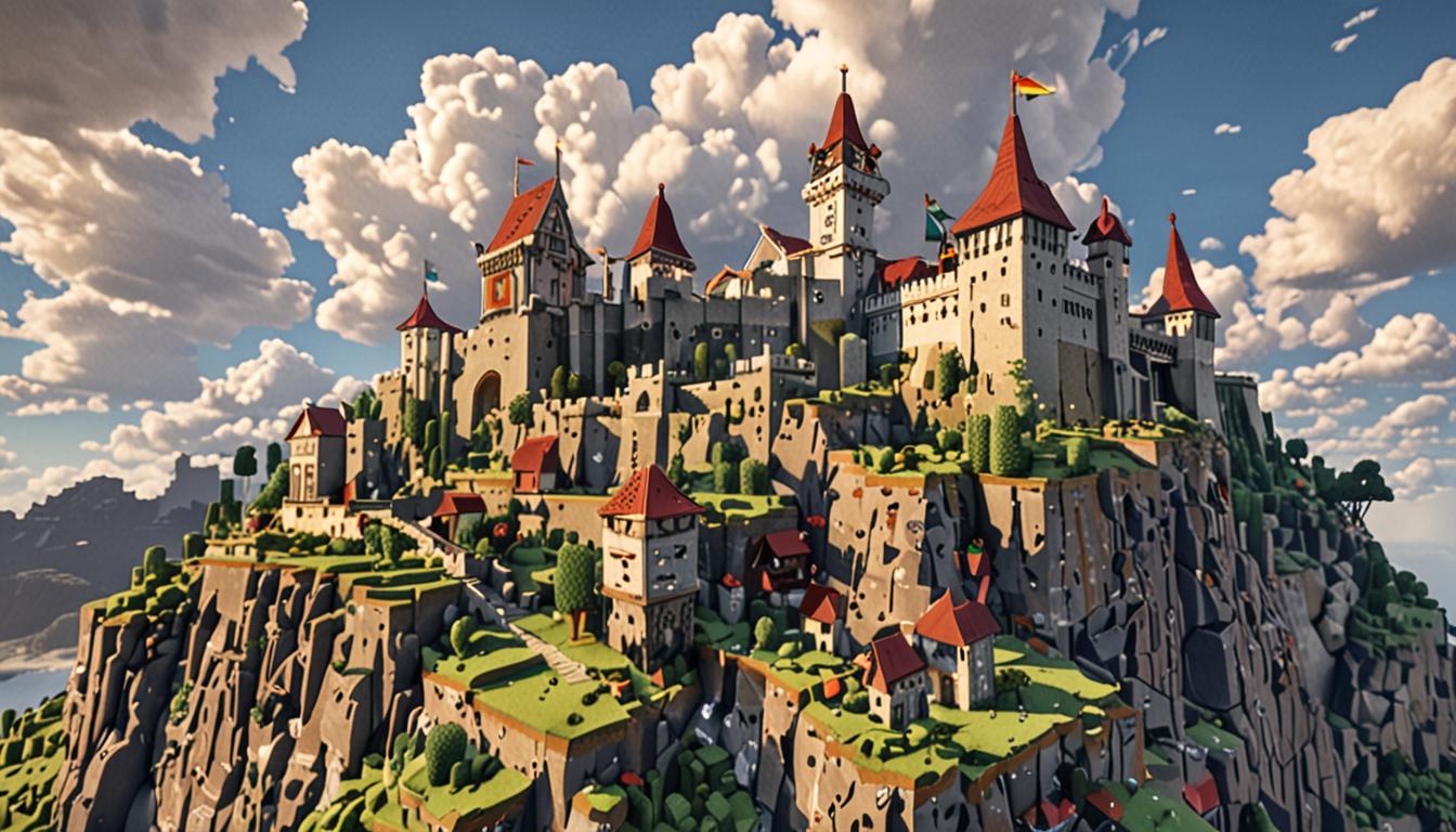 A towering Minecraft castle constructed entirely of mismatched stolen blocks rises dramatically on a hillside, its pixelated walls reaching toward blocky white clouds in a cubic sky. The castle's chaotic architecture features a patchwork of different block types - smooth stone blocks from pathways, red brick blocks from ovens, vibrant wool blocks in rainbow colors, and dirt blocks with grass textures creating an irregular, stolen appearance. In the foreground, a winding cobblestone path leads up the hill from a small Minecraft village visible in the distance, with tiny cubic houses and pixelated trees dotting the landscape. A villager character in the distinctive Minecraft style stands menacingly near the castle walls, actively placing more stolen blocks onto the structure - his blocky arms extended as he adds a bright yellow wool block to the growing fortress. The scene captures the afternoon lighting with warm, blocky shadows cast by the massive stolen-block castle, while colorful flower blocks and garden elements are scattered and embedded throughout the castle's walls, creating a chaotic but visually striking patchwork of pilfered village materials in the classic Minecraft pixelated aesthetic.