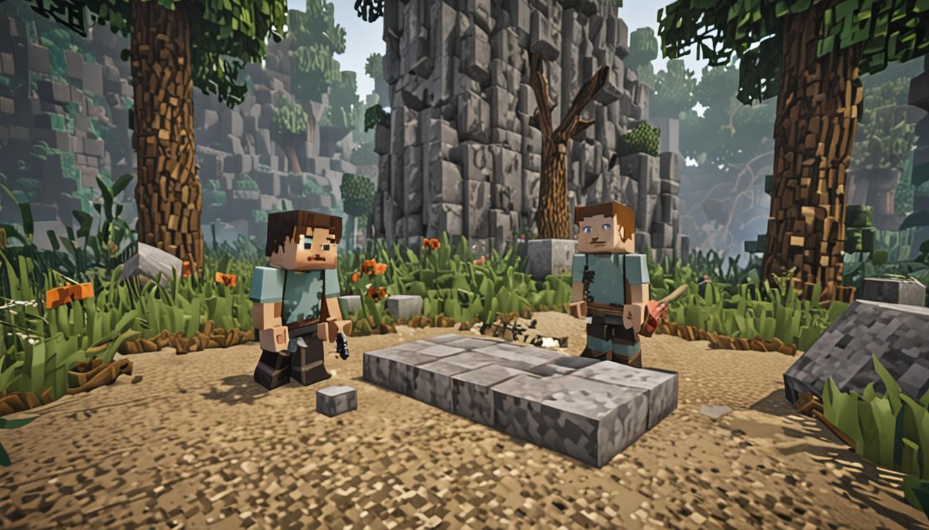A tense Minecraft scene showing two young blocky player characters crouched behind a large gray cobblestone boulder in a dimly lit forest biome, their pixelated faces showing worry and fear. In the foreground, a broken wooden stick item lies on the ground with small particle effects indicating it just snapped. In the middle distance, a menacing villager character named Baron Puscrust with dark robes and an evil expression turns toward the boulder, holding a glowing enchanted diamond pickaxe that radiates purple magical particles and light. Surrounding the baron are several hostile gray wolves with red eyes in attack position and two imposing iron golems with their characteristic blocky iron bodies and glowing red eyes. The forest setting features dark oak trees, scattered leaves blocks, and mossy cobblestone terrain with dramatic shadows cast by torchlight, creating an atmosphere of danger and stealth. The lighting emphasizes the magical glow of the enchanted pickaxe against the darker forest environment, with volumetric light rays filtering through the pixelated tree canopy above.
