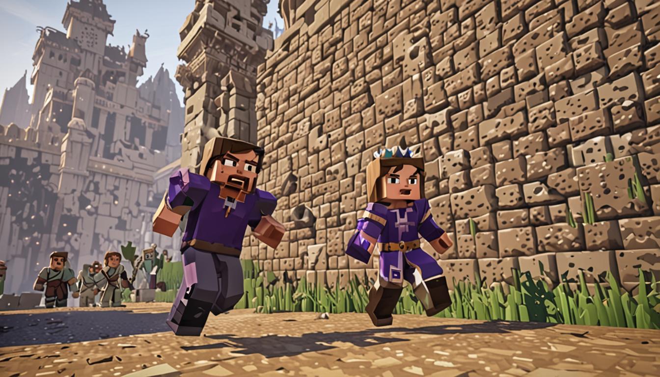 A dramatic Minecraft scene showing a blocky, pixelated character with brown hair and simple clothing mid-stumble, arms flailing as they trip toward an imposing villain character named Baron Puscrust, who wears dark purple robes and a menacing crown, both figures tumbling in a chaotic motion near a massive stone brick castle wall. The ground shows a distinctive crack pattern in the dirt and stone blocks where a fist has just impacted, with small debris particles floating in the air. The village setting features simple cobblestone paths, wooden houses with thatched roofs in the background, and warm afternoon lighting casting long shadows across the blocky terrain. The scene captures the moment of collision with both characters in dynamic falling poses, the baron's cape billowing dramatically, while villager NPCs can be seen in the distance watching the confrontation unfold near their pixelated homes.