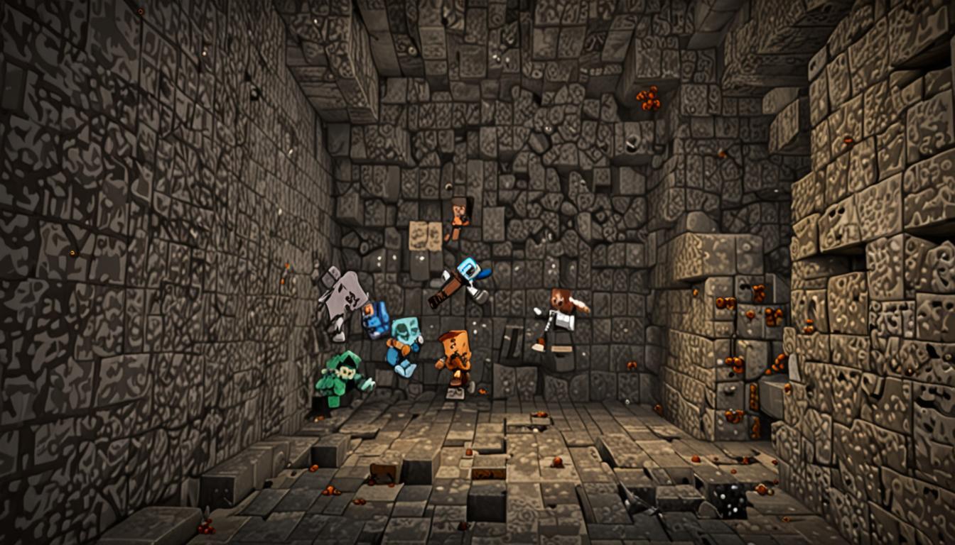 A dramatic Minecraft-style underground cave scene with three blocky, pixelated characters falling through a large crack in the earth above, their square bodies tumbling downward with motion lines indicating their descent. The cave walls are composed of detailed stone blocks, cobblestone, and dark gray rock textures with jagged, angular formations typical of Minecraft's blocky aesthetic. Below them, a large patch of bright green slime blocks creates a bouncy landing surface, their translucent, gelatinous appearance rendered in Minecraft's distinctive pixelated style with subtle transparency effects and a glossy sheen. The characters - Baron Puscrust wearing ornate blocky armor, Ollie in simple brown clothing, and a third figure - are positioned mid-fall with surprised expressions on their square faces, arms and legs spread out as they plummet toward the slime blocks. Dramatic lighting streams down through the crack above, casting long shadows across the cave walls and illuminating floating dust particles in the air. The cave extends deep into darkness with hints of mysterious tunnels and passages branching off in multiple directions, creating an atmosphere of adventure and discovery. Torch-like light sources flicker along the cave walls, their warm orange glow contrasting with the cool blue-gray tones of the stone blocks and creating dramatic shadows throughout the underground chamber.