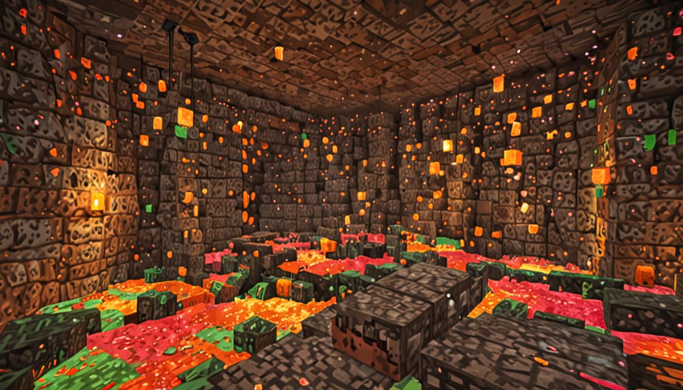 A sprawling Minecraft cave interior with rough cobblestone and stone block walls, dimly lit by scattered torches casting warm orange light and creating dancing shadows. The cave floor is completely overrun with dozens of bouncing Minecraft slimes in vibrant pixelated colors - bright lime green slimes with their characteristic cube-shaped gelatinous bodies, hot pink slimes with glossy blocky surfaces, and electric blue slimes all hopping and bouncing with their signature spring-like animation. The slimes vary in size from small single-block slimes to medium-sized multi-block slimes, all rendered in Minecraft's distinctive blocky, pixelated art style with semi-transparent gelatinous textures that catch and reflect the torchlight. In the center of the chaotic scene, a Minecraft player character is caught mid-air, arms flailing in the classic blocky Minecraft character pose, having just been launched by a particularly large pink slime. The cave ceiling shows exposed stone blocks and occasional patches of dirt blocks, while the floor is a mix of cobblestone and stone with small puddles reflecting the ambient light. The overall atmosphere is playful yet chaotic, with motion blur effects on the bouncing slimes suggesting constant movement, and particles of dust and small stone fragments floating in the air from all the bouncing activity. The lighting creates a warm, underground ambiance with deep shadows in the cave recesses contrasting with the bright, saturated colors of the numerous slimes filling every available space in this underground Minecraft cavern.