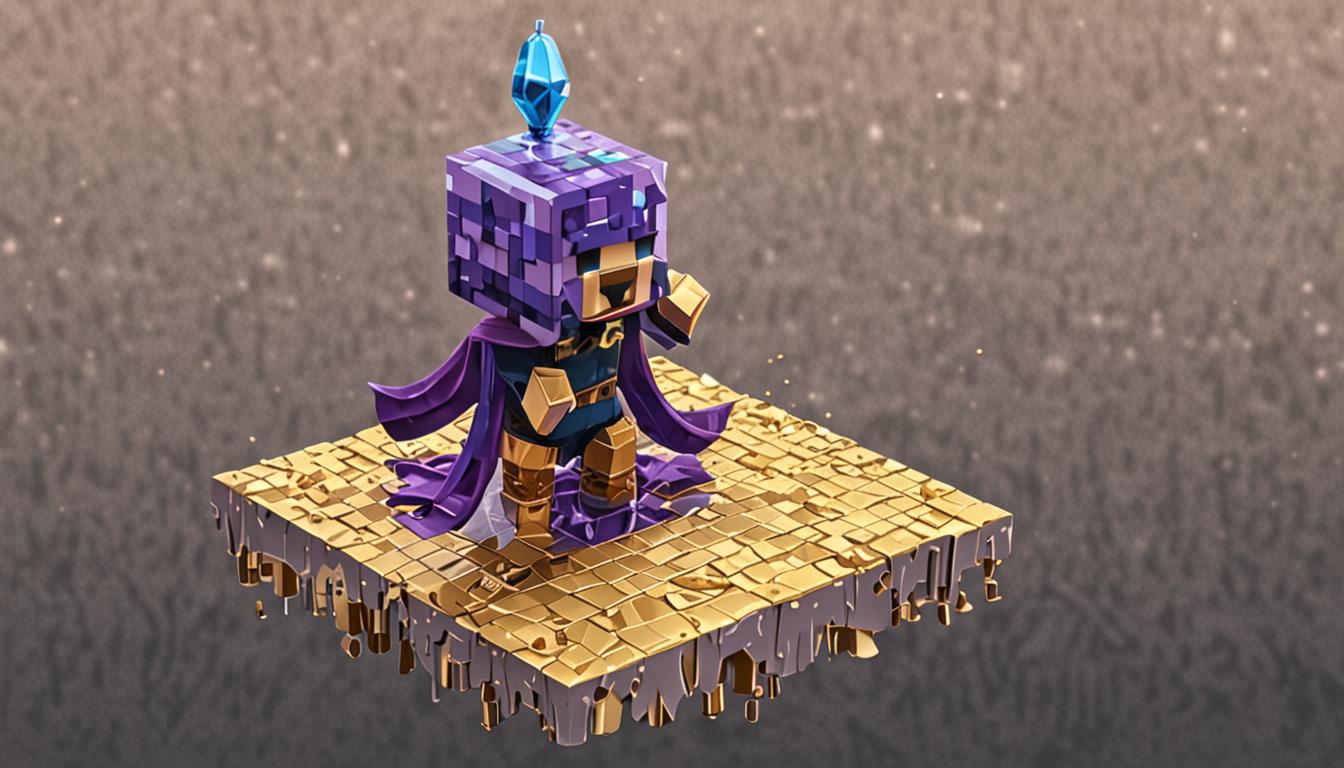 A Minecraft-style blocky scene showing a pixelated character with a fancy purple cape made of blocky fabric textures wrapped around and tangled with a large blue slime cube that has translucent gelatinous surfaces and bouncy properties. The character wears a crooked golden crown crafted from blocky gold ingot textures that appears to be sliding off his cubic head as he bounces through the air. A green slime cube with emerald-tinted translucent blocks is positioned below, launching the caped figure upward toward a stone cave ceiling made of cobblestone and stone brick blocks. A magical diamond pickaxe with enchanted purple glint effects is spinning through the air, surrounded by small particle effects and sparkles as it bounces off various colorful slime cubes scattered throughout the underground cave environment. The scene captures the chaotic bouncing motion with motion blur effects on the slimes and character, while maintaining the distinctive blocky, pixelated Minecraft aesthetic with proper lighting from torches mounted on the cave walls.