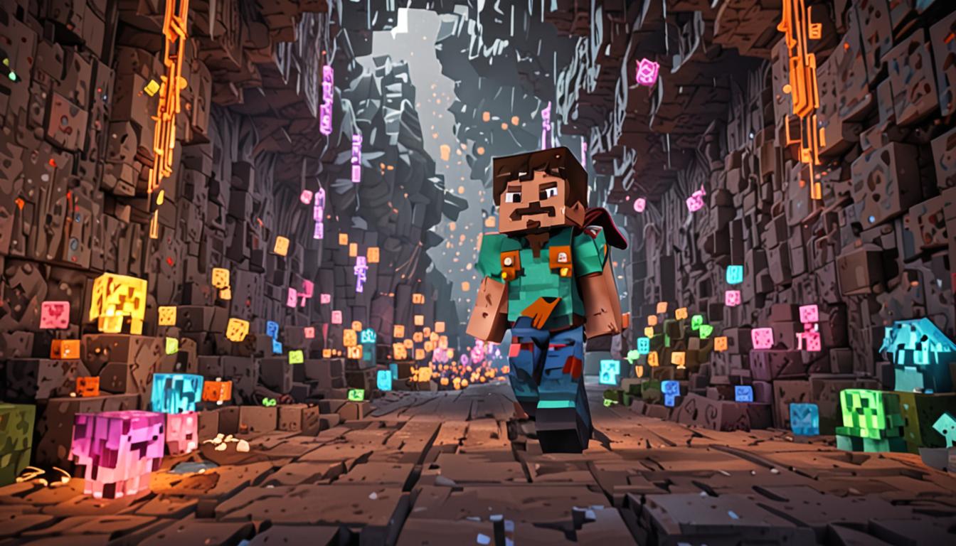 A Minecraft scene featuring a blocky pixelated character named Ollie with distinctive rainbow-colored backpacks strapped to his shoulders, standing in a dimly lit underground cavern while holding several luminescent, enchanted blocks that emit a soft magical glow with particle effects. The special blocks have a unique crystalline texture with subtle color shifts and sparkles, clearly different from standard Minecraft stone or dirt blocks. In the background, multiple green bouncing slimes with their characteristic gelatinous cubic appearance are playfully bouncing around another pixelated character called Baron Puscrust, who appears flustered with motion lines indicating movement. The slimes have cheerful expressions and are mid-bounce with their bodies slightly stretched, creating a chaotic but playful atmosphere. The cavern walls are made of rough stone blocks with torch lighting casting warm orange glows, while the magical blocks in Ollie's hands provide additional cool blue and purple illumination that contrasts beautifully with the warm torchlight. Particle effects from the enchanted blocks create a mystical ambiance, with small glowing motes floating around Ollie's rainbow backpacks, emphasizing the magical nature of his discovery.