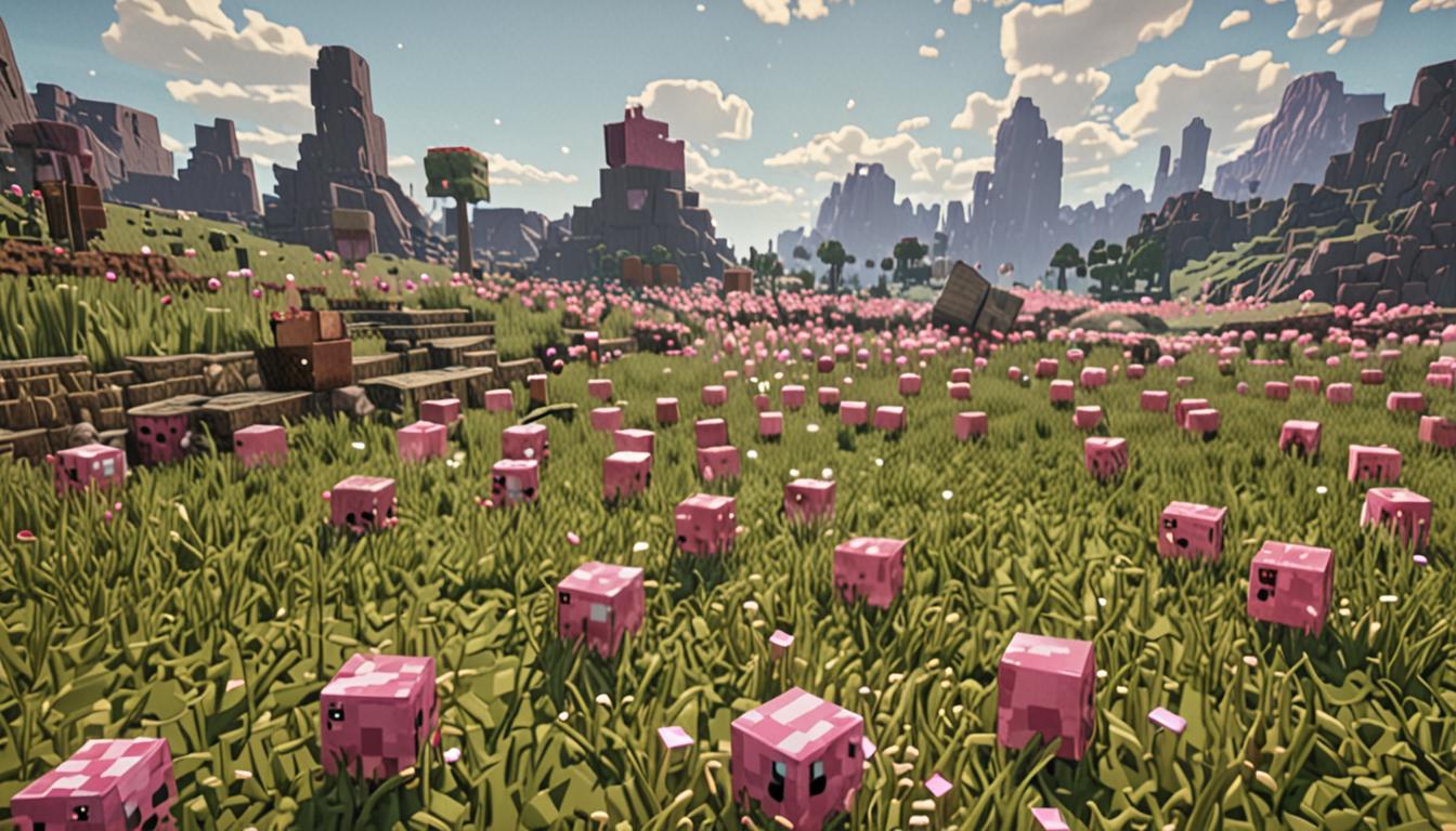 A Minecraft scene showing a blocky, pixelated character named Ollie crouched down collecting glowing, multicolored special blocks scattered across a grassy terrain, with detailed cubic textures and shimmering particle effects emanating from each block. In the foreground, a large bouncing pink slime mob with translucent, jelly-like cubic segments and googly block eyes hops through the air, leaving a trail of pink slime particles. The main character stands nearby with a determined expression, wearing typical Minecraft blocky clothing and holding a partially damaged pickaxe with visible crack textures across its pixelated surface. The background features a diverse Minecraft landscape with various broken block fragments floating in mid-air, some still crumbling with dust particle effects, suggesting recent block-breaking activity. Soft, warm lighting filters through the scene with golden hour ambiance, casting blocky shadows and highlighting the contrast between the chaotic destruction and the carefully collected special blocks. The entire scene maintains the classic Minecraft aesthetic with sharp, cubic edges, 16-bit style textures, and vibrant, saturated colors that emphasize the magical nature of the special blocks and the playful danger of the pink slime enemy.