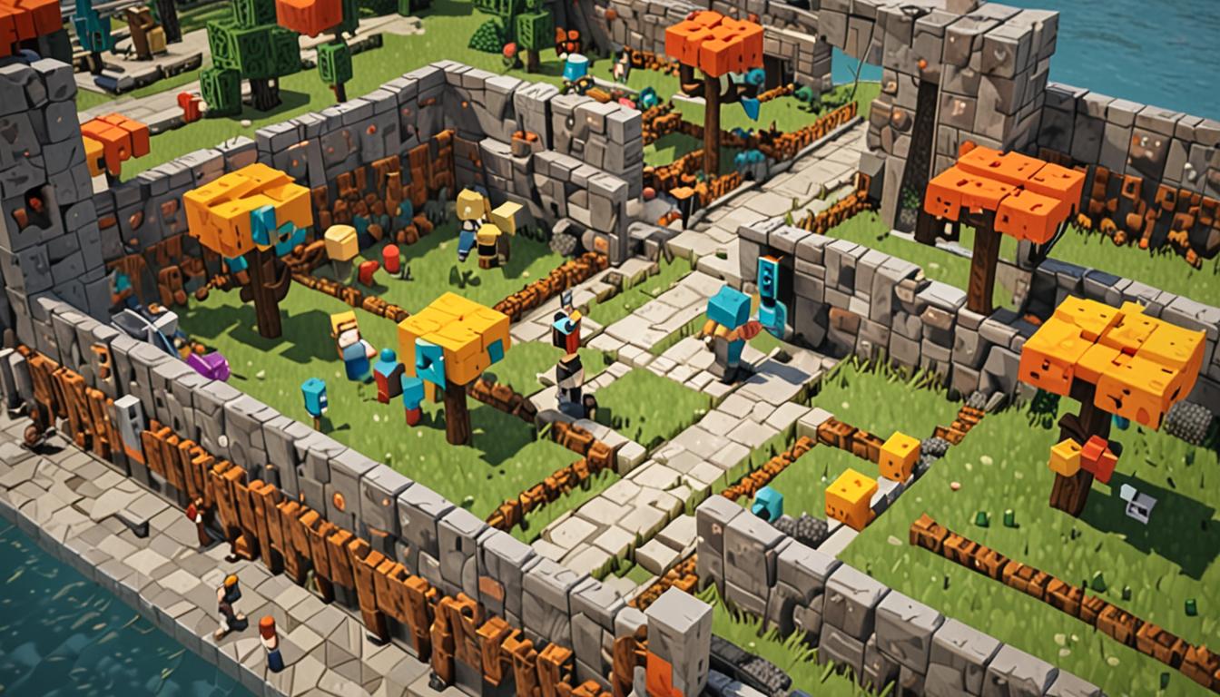 A vibrant Minecraft village scene showcasing a stunning transformation with two blocky player characters working together - one character placing colorful wool and concrete blocks while another arranges them into intricate pixel art patterns on building walls. The village features creatively repurposed structures with wobbly, asymmetrical buildings converted into exciting parkour obstacle courses with fence posts, pressure plates, and jump pads made from slime blocks. In the center stands a magnificent community center built from polished stone, quartz blocks, and stained glass windows, with decorative banners hanging from the entrance and glowstone lighting creating a warm, welcoming atmosphere. Scattered throughout the scene are beautiful pixel art murals created from colorful wool blocks, concrete, and terracotta forming geometric patterns and designs on various building facades. The ground is paved with smooth stone and decorated with flower beds containing poppies, dandelions, and other Minecraft flowers, while villagers in brown robes can be seen walking around admiring the artistic transformations. The lighting is bright and cheerful with natural sunlight filtering through, creating a sense of community pride and creative collaboration in this perfectly organized and beautified blocky village.