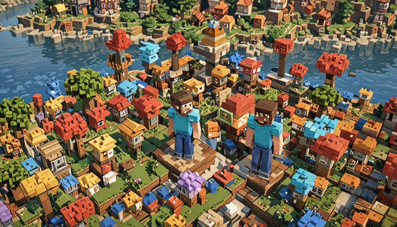 A Minecraft village scene showcasing a young blocky character with distinctive pixelated features standing proudly in the center, surrounded by colorful cubic houses with varied block materials like cobblestone, oak wood planks, and red brick. The character holds a diamond pickaxe with gleaming blue-tinted blocky textures, while broken stone and dirt blocks float nearby showing their block-breaking abilities. Several friendly villager NPCs with their characteristic large noses and brown robes gather around, displaying happy expressions with pixelated smiles. In the background, partially destroyed hostile mob spawners and cracked stone structures indicate a recent battle, while golden experience orbs float gently in the air. The village shows signs of reconstruction with scaffolding made of wooden planks and ladders, and a partially built monument featuring multicolored wool blocks arranged in heroic patterns. Warm sunset lighting bathes the entire scene in orange and pink hues, creating long blocky shadows across the grass block terrain, while floating achievement particles sparkle around the main character, emphasizing their heroic transformation and growing building mastery.