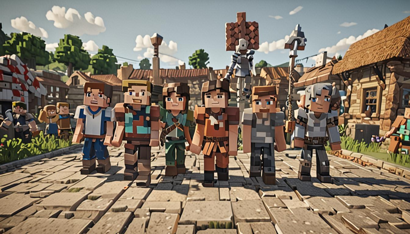 A Minecraft village scene with blocky, pixelated children characters gathered around a central hero figure named Breck, all rendered in classic Minecraft cubic style with textured block surfaces. The hero character stands confidently holding diamond or iron tools, wearing worn leather or chainmail armor with detailed pixelated textures, surrounded by enthusiastic young villager NPCs with their characteristic large heads and simple clothing. In the background, a partially constructed treehouse made of oak wood blocks sits high in a large pixelated tree with square leaves, while nearby a crumbling cobblestone wall shows visible cracks and unstable block placement. The village setting features typical Minecraft buildings with wooden plank walls, stone foundations, and red clay tile roofs, all maintaining the signature blocky aesthetic. Warm sunlight filters through the scene casting distinct shadows on the ground made of grass blocks and dirt paths, creating an atmosphere of community cooperation and problem-solving. Tools like pickaxes, shovels, and building blocks are scattered around, emphasizing the construction and repair theme, while the overall mood conveys heroism and helpfulness in true Minecraft building tradition.
