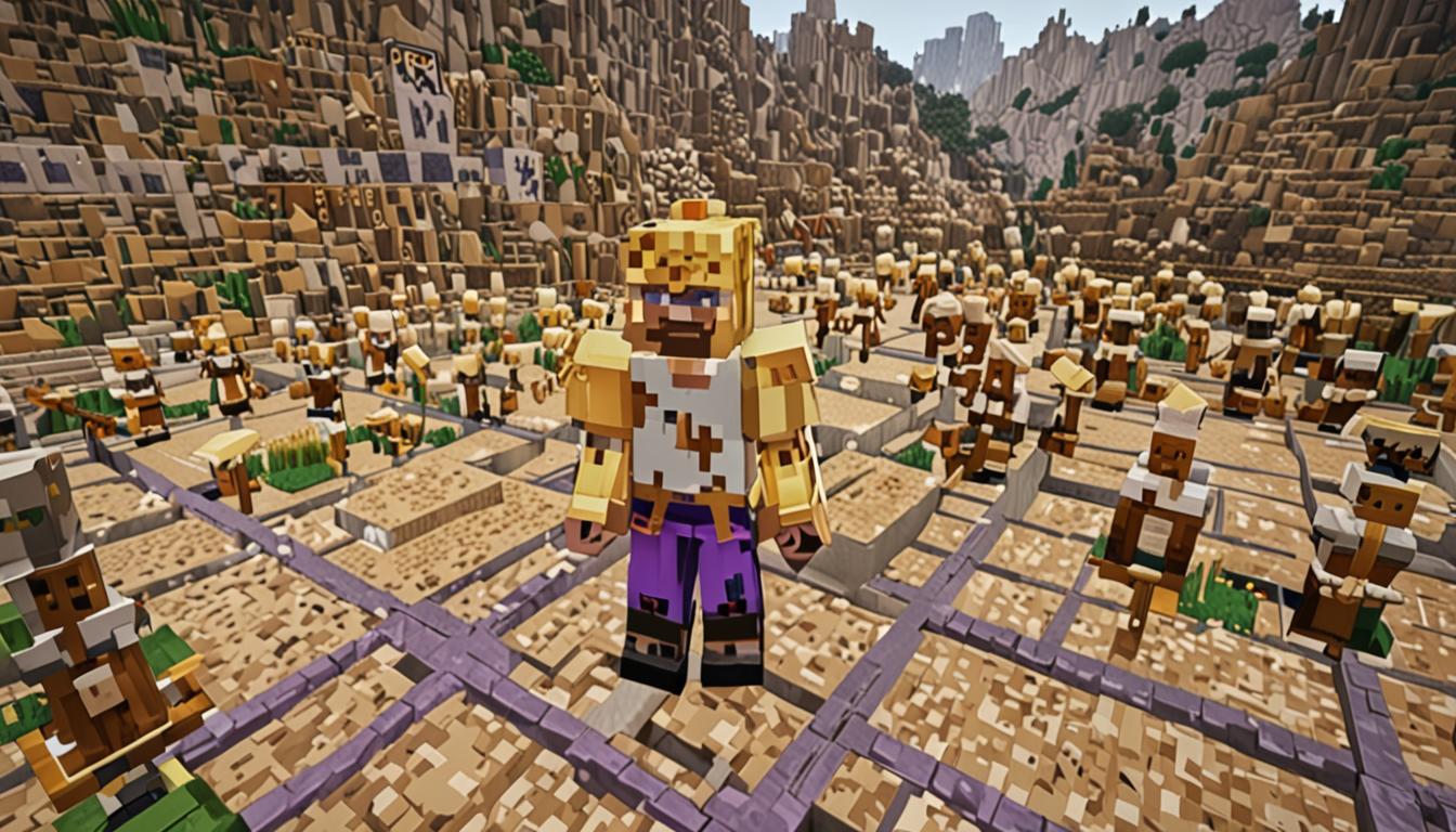 A Minecraft scene showing Baron Puscrust, a blocky pixelated character with a distinctive crooked golden crown that has now been straightened on his square head, standing amid a village setting with various Minecraft blocks scattered around. The baron's character model features traditional Minecraft-style clothing with royal purple and gold pixelated textures, his expression showing remorse through simple blocky facial features. In the background, a partially constructed massive castle made of stone blocks, cobblestone, and dark oak wood towers over a small village with simple wooden houses, dirt paths, and basic structures that appear incomplete due to missing blocks. Village NPCs in typical Minecraft blocky style are visible working to rebuild their homes, placing colorful wool blocks, wooden planks, and stone bricks back into damaged structures. The lighting suggests late afternoon with warm golden pixelated sunbeams filtering through the scene, casting blocky shadows across the terrain. Various Minecraft blocks like dirt, grass blocks, oak logs, and cobblestone are scattered on the ground, representing the stolen materials being returned, while the overall atmosphere conveys a sense of reconciliation and community rebuilding in the distinctive cubic, low-resolution Minecraft aesthetic.