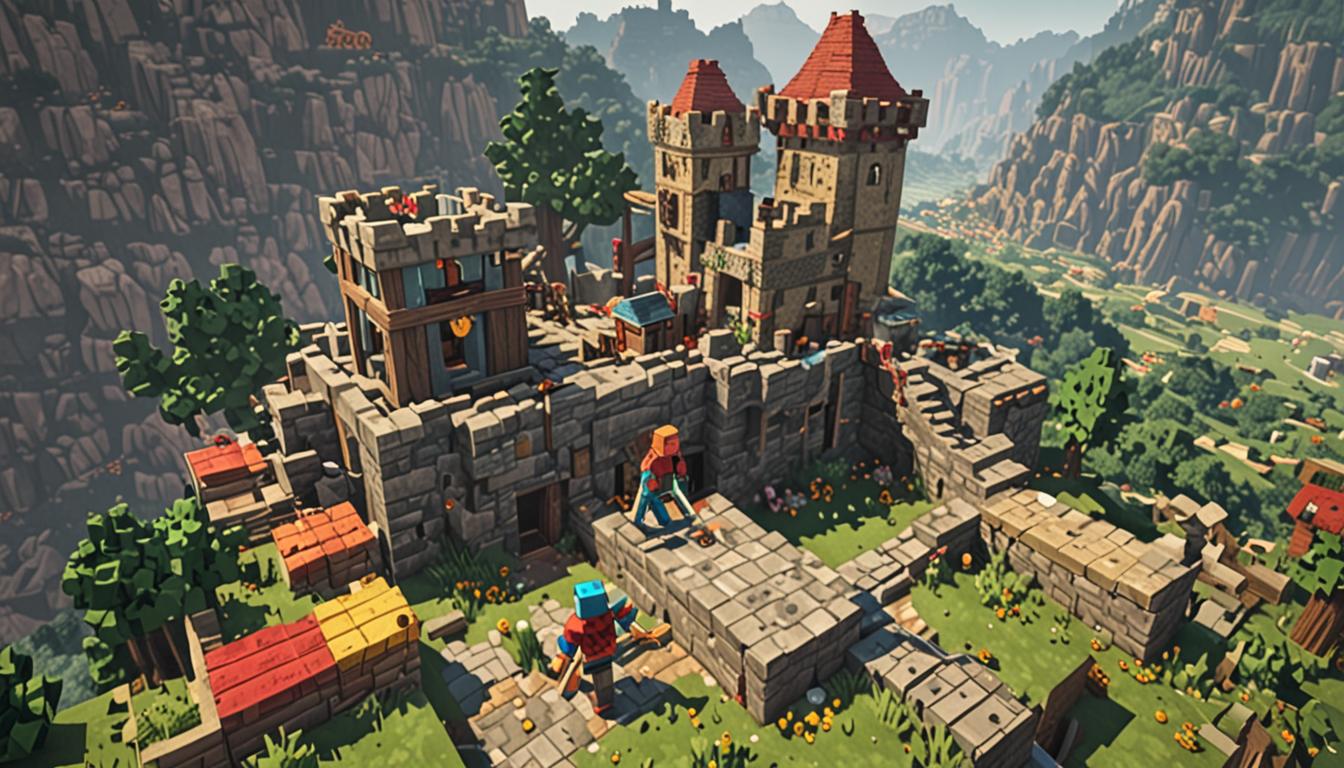 A detailed Minecraft scene showing a partially deconstructed medieval castle with blocky stone walls, wooden beams, and colorful wool sections being systematically dismantled block by block. In the foreground, a Minecraft player character with precise, controlled movements is carefully breaking stone blocks with a diamond pickaxe, each block showing the characteristic breaking animation with small cubic particles. Nearby stands another blocky Minecraft character named Ollie, surrounded by three distinct rainbow-colored backpacks or shulker boxes - one filled with neatly stacked gray stone blocks, another containing various brown wooden planks and logs, and a third overflowing with vibrant colored wool blocks in reds, blues, yellows, and greens. The castle structure shows clean, methodical demolition with organized piles of materials, contrasting sharply with any chaotic destruction, while the afternoon Minecraft lighting casts blocky shadows across the pixelated landscape of grass blocks and scattered building materials.
