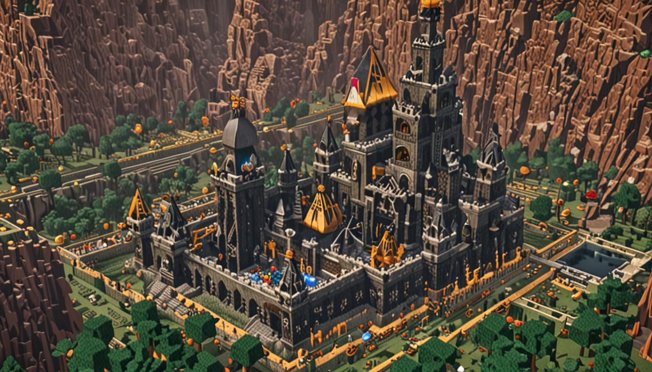 A dramatic Minecraft scene showing a massive, imposing castle made of dark stone blocks and obsidian towers belonging to Baron Puscrust, with its walls partially deconstructed revealing colorful stolen blocks of various materials - emerald blocks, diamond blocks, gold blocks, redstone blocks, and rare ores - scattered and organized into neat pixelated piles on the ground. Two blocky Minecraft characters stand in the foreground, one gesturing excitedly toward the castle while holding a diamond pickaxe, surrounded by sorted stacks of reclaimed blocks glowing softly in the daylight. The castle features typical Minecraft architecture with blocky battlements, square windows, and geometric towers, while the landscape shows a mix of grass blocks and stone terrain under a bright blue sky with cubic clouds. Beams of sunlight illuminate the colorful sorted blocks creating a sense of hope and restoration, with some blocks floating slightly above organized chest containers, emphasizing the magical process of returning stolen materials to their rightful owners in true Minecraft pixelated style.
