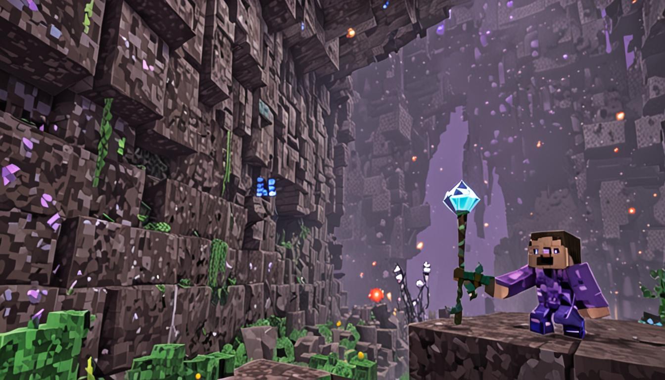 A Minecraft cave scene with blocky stone walls and dim lighting, featuring a character in a purple pixelated cape caught on a jagged stone ledge, reaching upward desperately with blocky arms. In the background, green cubic slimes bounce around the cave floor, with a shimmering magical diamond pickaxe bouncing between them, emitting purple and blue particle effects. The cave has typical Minecraft stone block textures with patches of cobblestone and exposed ore veins, lit by scattered torches casting flickering orange light on the blocky surfaces. The character appears stuck and helpless, with the purple cape stretched and snagged on the rough pixelated stone outcropping, while the magical pickaxe gleams with enchantment particles as it bounces unpredictably among the cheerful, gelatinous green slimes in the shadowy depths below.