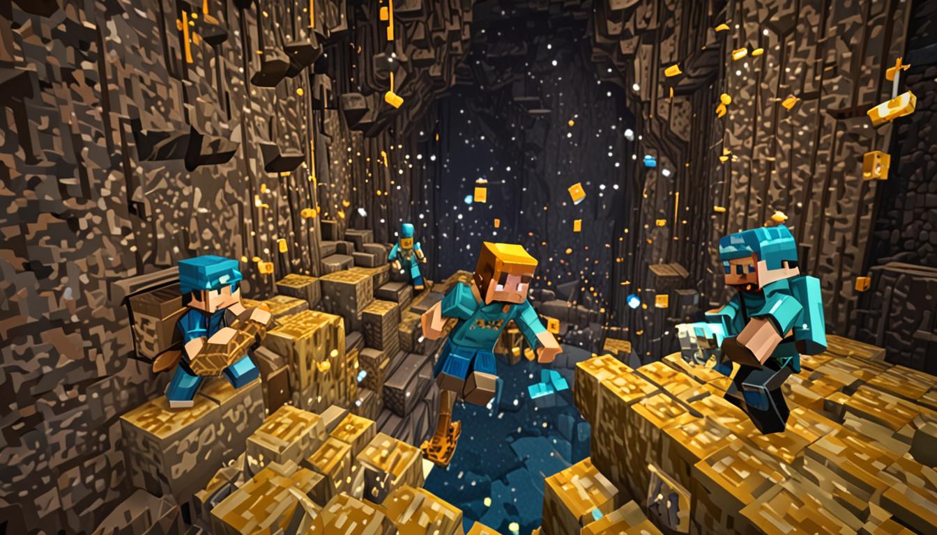 A detailed Minecraft cave scene showing two blocky pixelated players working together to escape a dark slime-filled cavern, with one player using a diamond pickaxe to carefully break stone blocks from the rough cave wall creating square handholds, while another player places bright glowing blocks that emit warm yellow and blue light to form a stepped pathway leading upward through the rocky terrain. Multiple green bouncing slime mobs with their characteristic cube shapes and gelatinous texture are scattered throughout the cave floor, some mid-bounce with stretched forms as they help propel the players toward higher stone ledges. The cave walls are composed of various Minecraft stone blocks, cobblestone, and exposed ore veins, with dramatic lighting contrasts between the dark shadowy cave depths and the brilliant illumination from the special glowing blocks that create a magical stairway effect. Particles and light rays emanate from the luminous blocks, casting blocky shadows on the cave walls and highlighting the pixelated textures of the stone surfaces, while the slimes leave subtle trail effects as they bounce around the cavernous space.