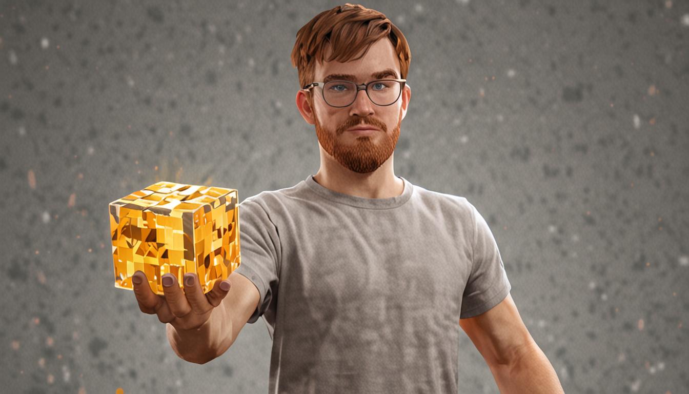 A Minecraft player character with blocky, pixelated arms carefully holding a bright glowing block that emits warm golden-orange light, illuminating their square face with concentrated determination. The glowing block appears to be made of luminous stone or glowstone with a soft, radiant texture casting light rays in the classic Minecraft style. As the block breaks apart, it splits into several perfectly cubic, smooth glowing fragments that float momentarily in the air, each piece maintaining the same warm luminescence as the original block. The scene takes place in a dimly lit Minecraft environment where the glowing block serves as the primary light source, creating dramatic shadows and highlighting the pixelated textures of the surrounding stone or dirt blocks. The broken pieces are geometrically perfect cubes with clean, straight edges typical of Minecraft's blocky aesthetic, ready to be collected and used for construction, with small sparkle particles emanating from each fragment to emphasize their magical, purposeful breaking.