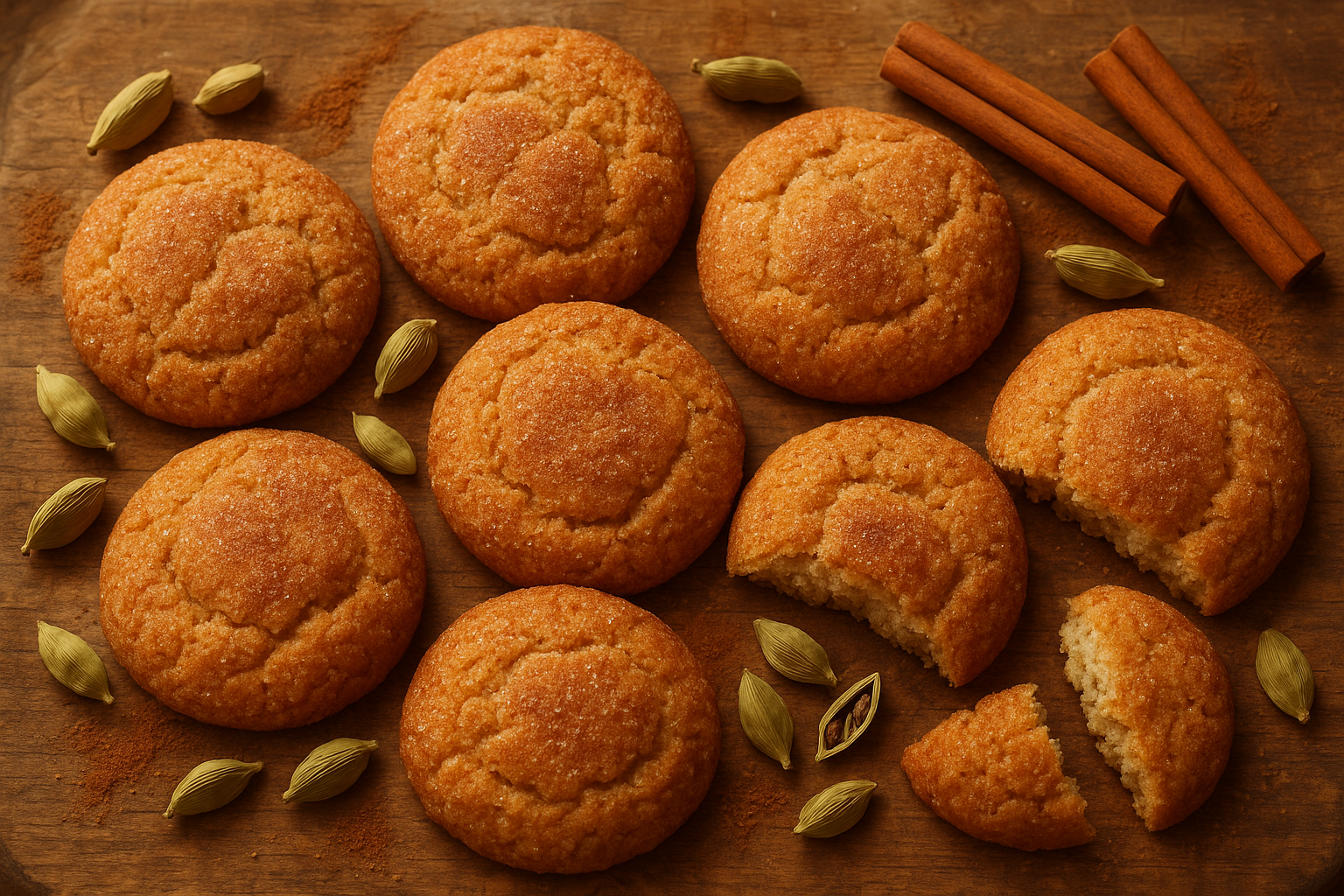 A close-up overhead view of freshly baked cardamom snickerdoodles arranged on a rustic wooden cutting board, their golden-brown surfaces dusted with cinnamon sugar creating a sparkling, crystalline texture. The cookies display the characteristic cracked, slightly puffed appearance of snickerdoodles, with warm amber and caramel tones enhanced by the aromatic spices. Scattered around the cookies are whole green cardamom pods, their papery husks split open to reveal the dark, fragrant seeds within, alongside cinnamon sticks and a light dusting of ground cinnamon creating delicate patterns on the weathered wood surface. Soft, warm natural lighting illuminates the scene from one side, casting gentle shadows that emphasize the cookies' tender, slightly chewy texture and the rustic, homemade quality of the baked goods. The composition includes a few cookies broken in half to reveal their soft, pale interior contrasting beautifully with the spiced, golden exterior coating.
