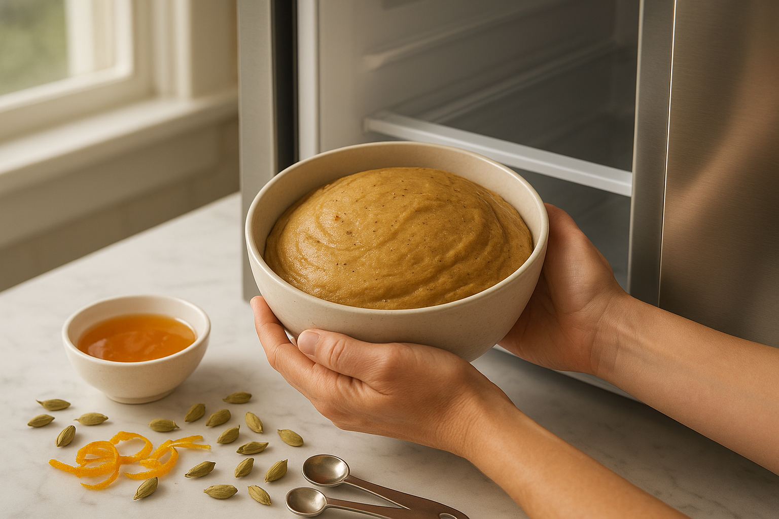 A close-up view of hands gently placing a large bowl of golden-brown cookie dough into a modern stainless steel refrigerator, with the dough appearing rich and aromatic from brown butter and visible specks of ground cardamom throughout. The kitchen scene shows marble countertops scattered with baking ingredients including whole cardamom pods, fresh orange zest curls, and measuring spoons, while soft natural light streams through a nearby window. The cookie dough has a perfectly smooth, chilled texture with small aromatic spice particles visible on the surface, and nearby on the counter sits a small bowl of vibrant orange glaze with a glossy, translucent appearance. The overall atmosphere captures the peaceful, methodical process of cookie preparation, with warm kitchen tones and the anticipation of freshly baked treats, emphasizing the careful attention to technique that creates perfectly shaped, non-spreading cookies.