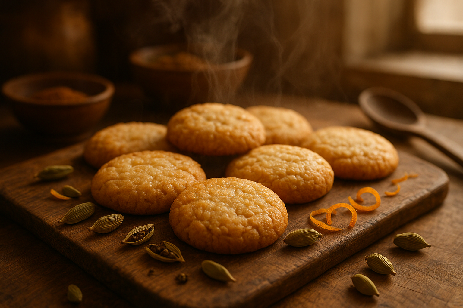 A close-up artistic photograph of freshly baked cardamom cookies arranged on a rustic wooden cutting board, their golden-brown surfaces glistening with melted butter and displaying a delicate, crumbly texture. Steam gently rises from the warm cookies, creating a soft, ethereal atmosphere in the cozy kitchen setting. Scattered around the cookies are whole cardamom pods split open to reveal their tiny black seeds, along with fresh orange zest curls that catch the warm, natural light streaming through a nearby window. The background features soft-focus elements of a traditional kitchen with warm earth tones, including ceramic bowls containing ground spices and a vintage wooden spoon resting nearby. The lighting creates beautiful golden highlights on the cookie surfaces while casting gentle shadows that emphasize their homemade, artisanal quality. The overall composition evokes a sense of warmth, comfort, and sophisticated home baking, with the aromatic spices creating visual interest through their rich textures and natural colors.