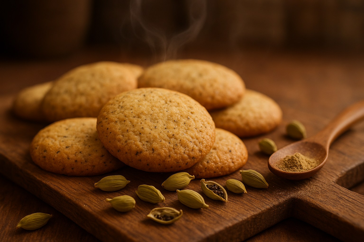 A close-up artistic photograph of freshly baked cardamom cookies arranged on a rustic wooden cutting board, with several pale green cardamom pods scattered around them, some split open to reveal the tiny black seeds inside. The cookies have a golden-brown color with visible specks of ground cardamom throughout their surface, creating an inviting texture. Steam gently rises from the warm cookies, and a few whole cardamom pods are artfully placed nearby, alongside some that have been cracked open to show their aromatic contents. The scene is captured with warm, natural lighting that highlights the cookies' delicate crumb structure and the glossy surface of the cardamom pods. A vintage wooden spoon rests beside the arrangement, dusted with fine cardamom powder, while the background features a soft, blurred kitchen setting with warm earth tones that complement the golden cookies and green spice pods.