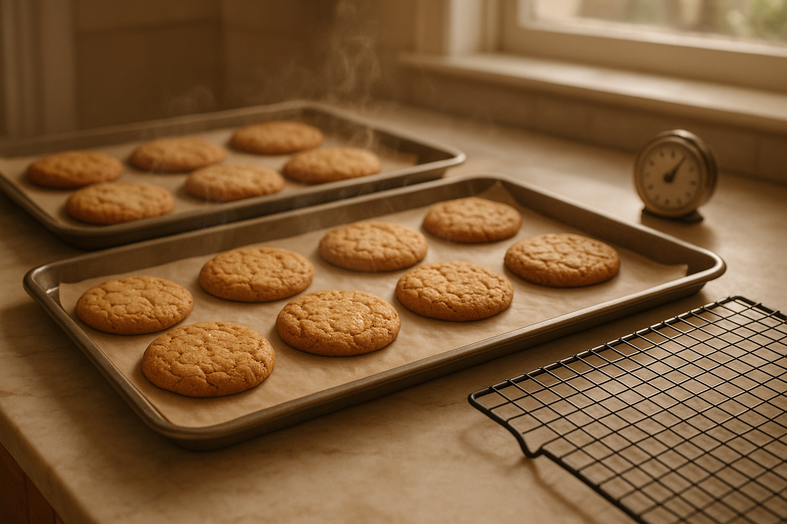 A warm, inviting kitchen scene featuring freshly baked golden-brown cardamom cookies cooling on multiple baking sheets lined with parchment paper, steam gently rising from the warm treats. The cookies display a perfectly cracked surface with visible specks of aromatic cardamom, their edges slightly crispy and centers appearing soft and chewy. Nearby, black wire cooling racks await the cookies' transfer, positioned on a marble or wooden countertop beside the baking sheets. Soft natural light filters through a kitchen window, casting gentle shadows and highlighting the cookies' appetizing texture and warm amber color. The scene captures the peaceful five-minute waiting period, with perhaps a kitchen timer visible in the background and the cozy atmosphere of home baking, where the air is filled with the sweet, spiced aroma of cardamom and butter.