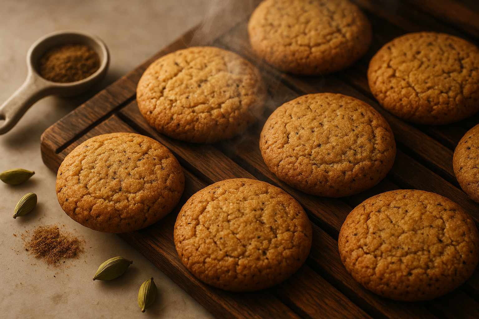 A close-up overhead view of freshly baked golden-brown cardamom cookies arranged on a rustic wooden cooling rack, with warm steam gently rising from their surfaces. The cookies have a perfectly cracked, slightly textured appearance with visible specks of ground cardamom creating beautiful dark flecks throughout the golden dough. In the background, a small ceramic measuring spoon holds aromatic ground cardamom spice, with some of the fragrant powder delicately scattered on a marble countertop nearby. Soft, warm kitchen lighting illuminates the scene, creating gentle shadows and highlighting the cookies' appetizing texture and the rich, earthy tones of the cardamom spice. A few whole green cardamom pods are artfully scattered around the composition, adding natural color contrast and emphasizing the exotic spice that gives these cookies their distinctive flavor.