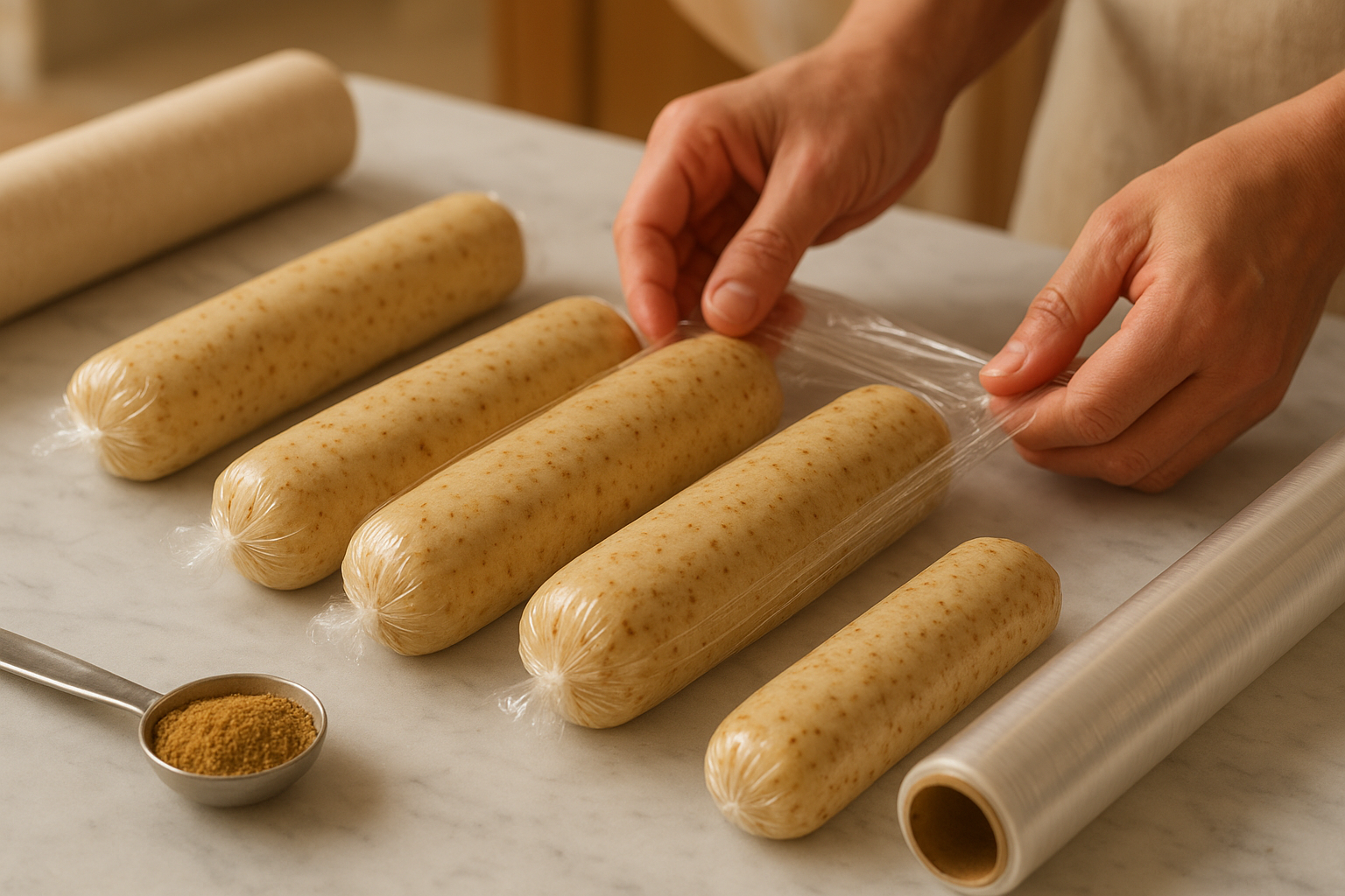 A close-up view of freshly prepared cardamom cookie dough formed into neat cylindrical logs on a clean kitchen counter, with aromatic ground cardamom visible as golden-brown specks throughout the pale dough. The dough logs are being carefully wrapped in layers of clear plastic wrap by skilled baker's hands, with some logs already tightly sealed and others in the process of being wrapped. Rolls of parchment paper and plastic wrap are positioned nearby on the marble countertop, along with measuring spoons containing fragrant cardamom spice. The scene captures the methodical preparation process in a warm, well-lit kitchen environment, with soft natural lighting highlighting the texture of the speckled dough and the translucent wrapping materials. The composition emphasizes the careful attention to preserving the aromatic cookie dough, with the golden cardamom seeds creating beautiful visual contrast against the smooth, pale dough surface.