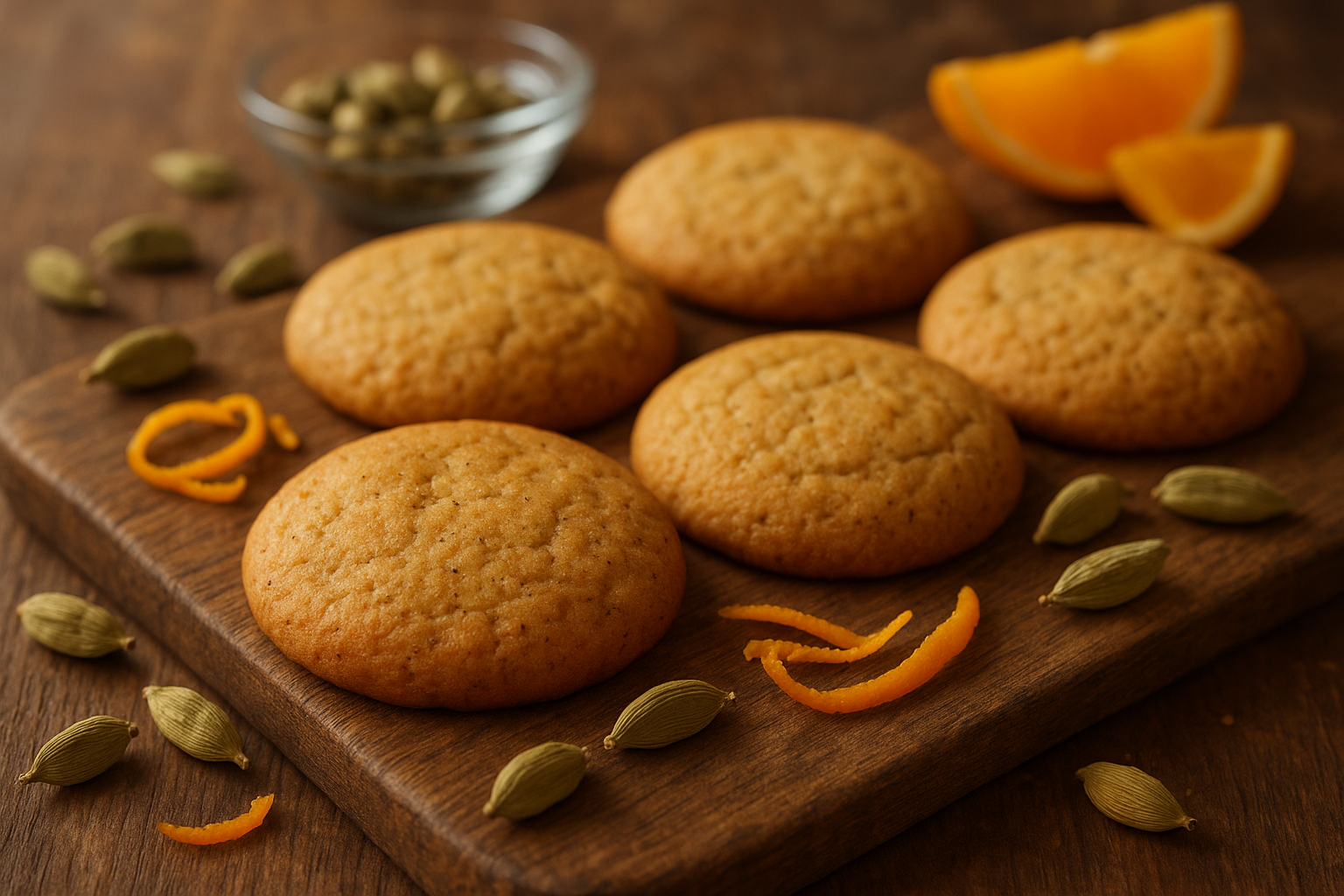 A close-up photograph of freshly baked cardamom orange cookies arranged on a rustic wooden cutting board, with their golden-brown surfaces showing a delicate cracked texture and subtle speckles of ground cardamom throughout the dough. The cookies have a soft, pillowy appearance with slightly rounded edges, and their warm amber color suggests a perfect bake with hints of caramelization. Scattered around the cookies are whole cardamom pods with their pale green husks partially split open to reveal the dark seeds inside, along with thin strips of bright orange zest curling naturally on the wood surface. Soft, warm natural lighting filters across the scene, creating gentle shadows that enhance the texture of both the cookies and the weathered wood grain beneath them. In the background, slightly out of focus, sits a small glass bowl containing more cardamom pods and a few orange segments, while the overall composition evokes a cozy, artisanal kitchen atmosphere with earthy tones of brown, cream, and vibrant orange accents.