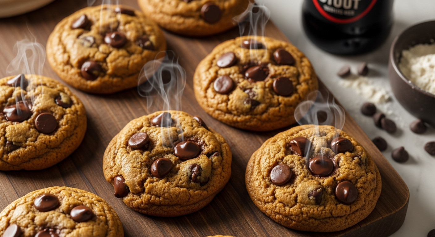 A close-up overhead view of freshly baked chocolate chip cookies cooling on a rustic wooden cutting board, their surfaces glistening with a rich golden-brown color and perfectly chewy texture visible in the slightly underbaked centers. Dark chocolate chips are scattered throughout each cookie, some melted and creating glossy pools, while others maintain their shape with slightly softened edges. Steam gently rises from the warm cookies, and the texture appears incredibly soft and tender with visible moisture that suggests the perfect chewy consistency. In the background, a dark glass bottle of stout beer sits partially visible alongside scattered flour and chocolate chips on a marble countertop, with warm kitchen lighting casting soft shadows that emphasize the cookies' appetizing texture and the cozy baking atmosphere.