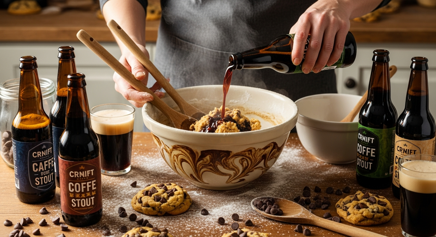A rustic kitchen scene showcasing the art of baking rich chocolate chip cookies with dark stout beer, where a skilled baker's hands pour a bottle of deep, dark coffee stout into a large mixing bowl filled with cookie dough studded with chunks of premium dark chocolate. Steam rises gently from the warm mixture as the glossy, almost black beer mingles with golden butter and brown sugar, creating marbled swirls of rich amber and chocolate tones. The countertop displays an array of baking ingredients including scattered chocolate chips, flour dusting, and several bottles of craft coffee stout with their distinctive dark, foamy heads visible in glasses nearby. Warm, golden kitchen lighting illuminates the scene, casting soft shadows and highlighting the glossy texture of the beer-infused dough and the deep, lustrous chocolate pieces. The atmosphere captures the cozy, artisanal process of craft baking, with wooden spoons, vintage mixing bowls, and the rich, inviting colors of chocolate, coffee, and caramelized sugars creating a mouth-watering tableau of gourmet cookie preparation.