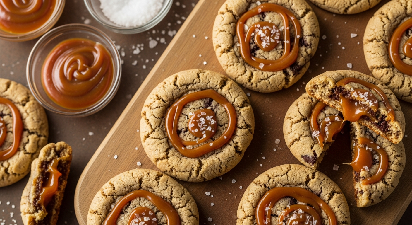 A close-up overhead view of freshly baked beer-inspired cookies arranged on a rustic wooden cutting board, with rich golden-brown surfaces showing beautiful swirls of glossy caramel sauce marbled throughout the dough. The cookies have a rustic, homemade appearance with slightly irregular edges and a perfectly chewy texture visible in their surface. Delicate flakes of coarse sea salt are scattered across the tops of the warm cookies, catching the soft natural light and creating tiny crystalline sparkles against the deep amber and chocolate-toned cookie surfaces. In the background, partially visible are small glass bowls containing extra caramel sauce and sea salt flakes, along with a few whole cookies that have been broken in half to reveal their soft, gooey interior with pockets of melted caramel. The scene is lit with warm, natural lighting that emphasizes the rich textures and creates an inviting, artisanal bakery atmosphere with shallow depth of field focusing on the detailed cookie surfaces.