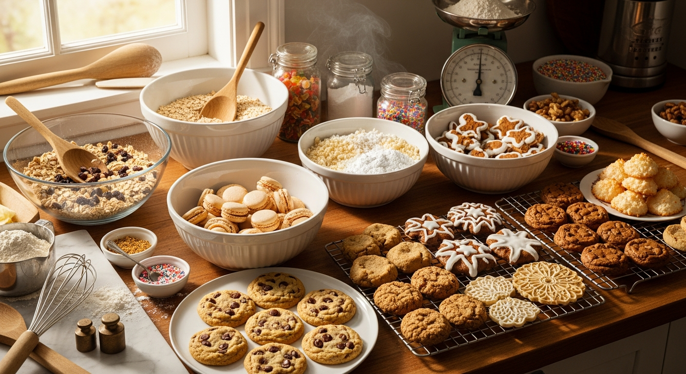 A warm, inviting kitchen scene with multiple mixing bowls of various sizes arranged on a rustic wooden countertop, surrounded by an array of baking ingredients and tools representing different international cookie traditions. Steam gently rises from freshly baked cookies cooling on wire racks, showcasing diverse shapes and textures from around the world - delicate French macarons, chunky American chocolate chip cookies, ornate German lebkuchen, and other distinctive national cookie varieties. Flour dusts the marble surface while wooden spoons, whisks, and measuring cups are artfully scattered around the bowls, suggesting active preparation. Golden afternoon sunlight streams through a nearby window, casting warm shadows and highlighting the rich textures of ingredients like rolled oats, chocolate chips, nuts, and colorful sprinkles. The scene captures the anticipation and joy of home baking, with each mixing bowl representing a different cultural cookie tradition waiting to be created.